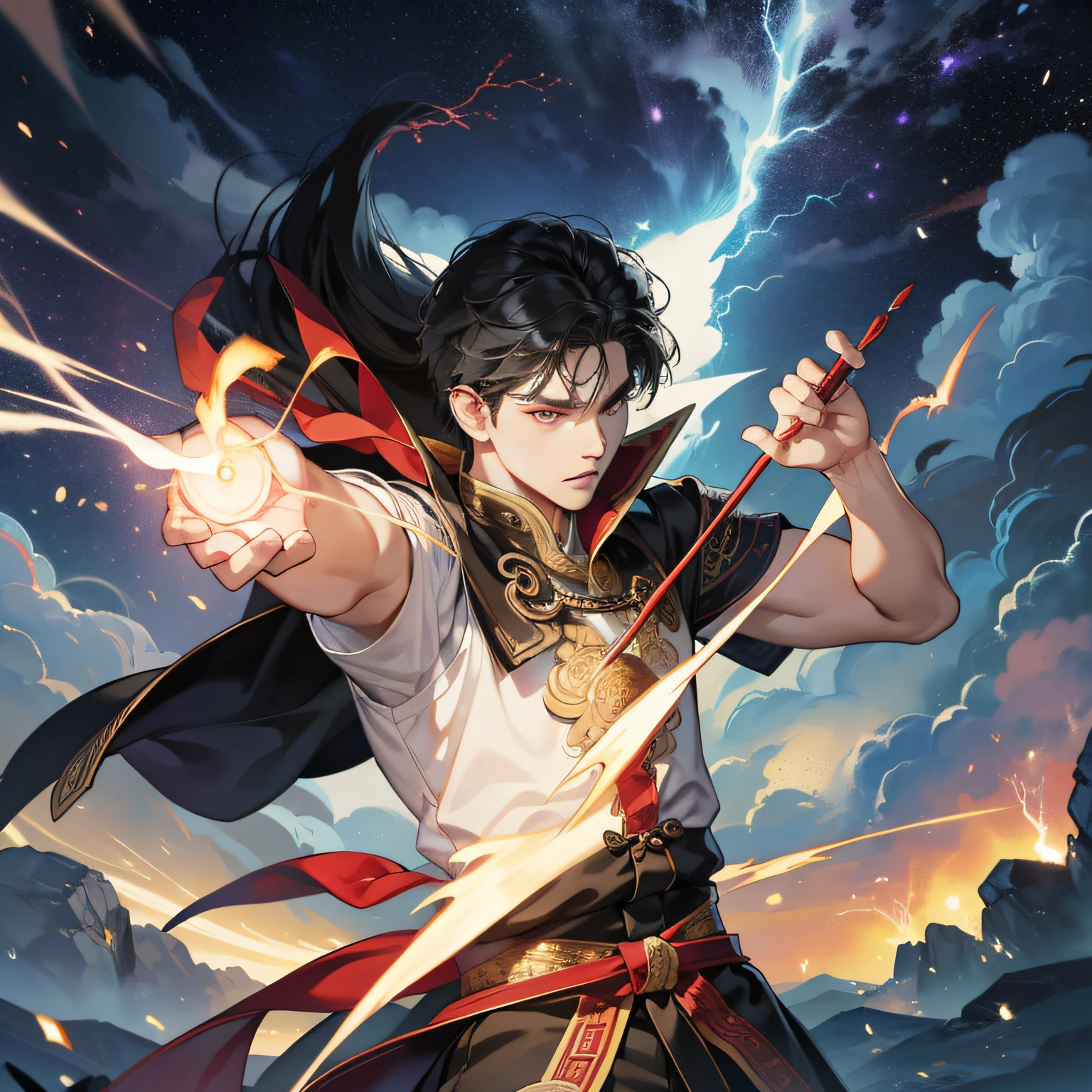 Masterpiece, official art, 8k, best quality, highly detailed, ancient Chinese setting, powerful aura, swirling clouds, lightning bolts:1.2
In an ancient Chinese setting, a man named Liu, with a powerful aura, draws his bow and fires a piercing arrow into the sky. The swirling clouds and lightning bolts around him add to the dramatic effect of the moment:1.2.