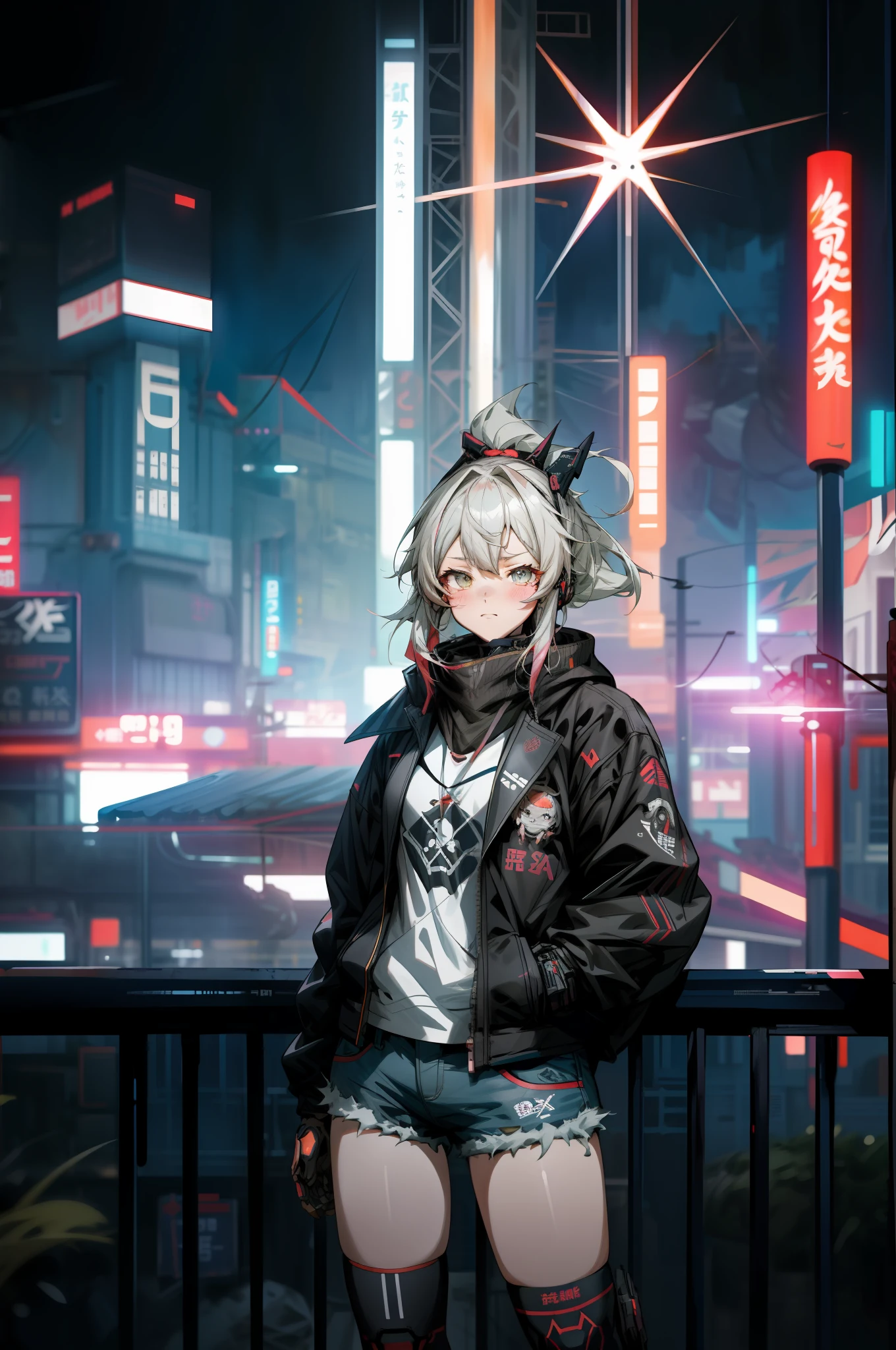 Anime girl in shorts and jacket standing next to giant robot, guweiz style artwork, cyberpunk anime girl mecha, trend on cgstation, guweiz, Russell Dongjun Lu, digital cyberpunk anime art, ross tran 8 k, guweiz on artstation pixiv, girl in mecha network armor, mecha