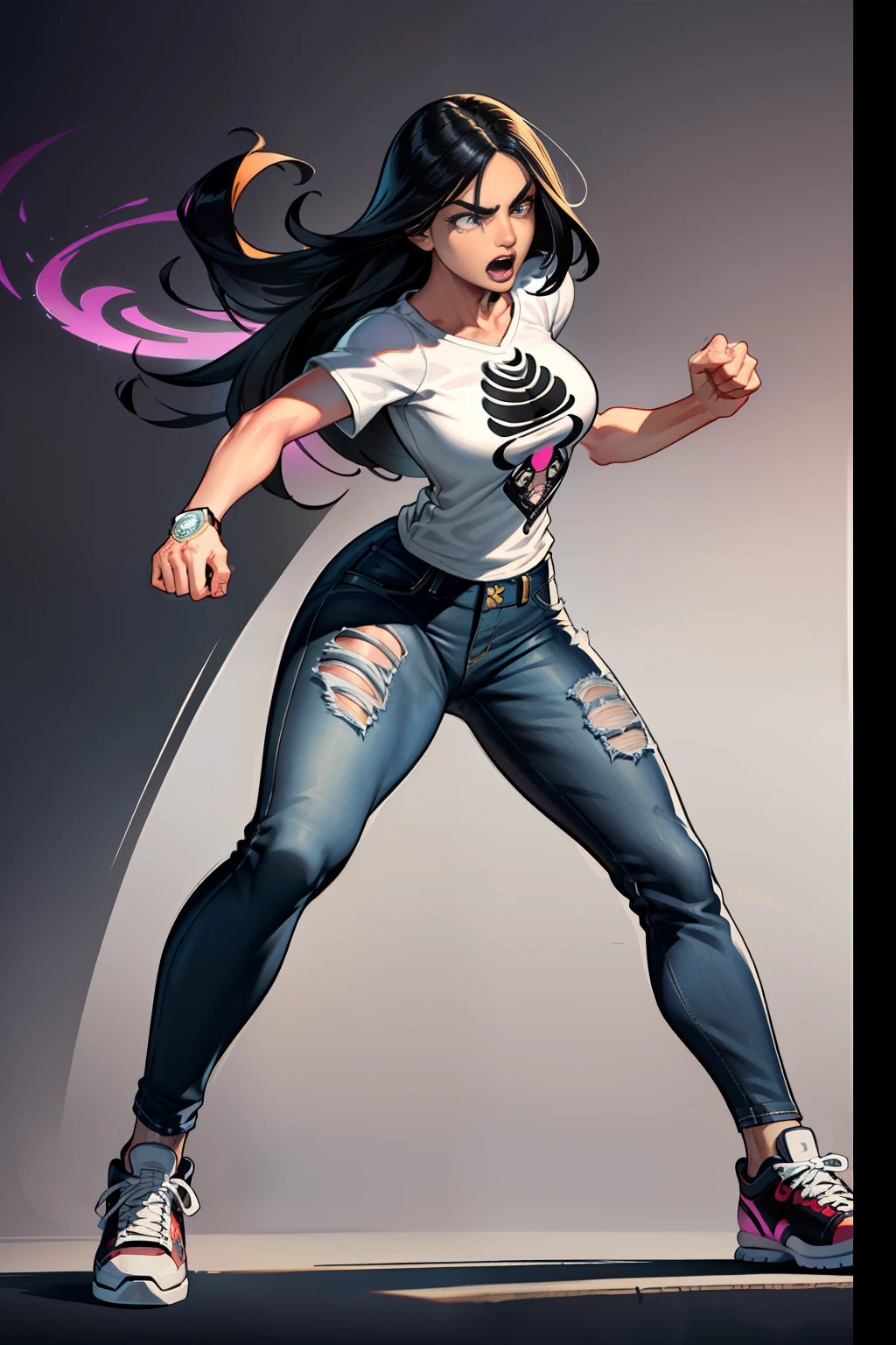 :: JOE MADUREIRA STYLE::MAN perfect and detailed, ultra detailed style clothes with tatoon designs and colors of light pink, black, white and gray, with various full-body attack poses and with immersive effects, hover effect, graphite style background with vibrant colors "ultra hdr" detailed, focus effect, sneakers all star converse black (masterpiece: 1.2,  best quality), (finely detailed beautiful eyes: 1.2), extremely detailed hair, depth of field,shot with Canon EOS,lens 135mm f1.8,portrait of [x](( )),long, straight black hair,with a natural shine ((Solo)), (Ultra detailed eyes:1.4), (Finely detailed eyes and detailed face:1.3),), (With ULTRA DETAILED jeans and a white t-shirt with ultra detailed tatoom print throughout:1.3),  (Beautiful and clear background:1.2), (CG extremely detailed, Ultra-detailed, Best Shadow:1.1),("" character with his super power in the right fist"")((Depth of field and blur)), ((Watercolor)), , Beautiful conceptual illustration , (white background:0.5), (Illustration :1.1), (extremely thin and beautiful: 1.1), (perfect details: 1.1) graffiti style background, freedom, screaming with angry face, digital illustration, perfect anatomy,  centered, approaching perfection, dynamic, highly detailed, watercolor painting, artstation, concept art, smooth, sharp focus, illustration, perfect anatomy, centered, approaching perfection, dynamic, highly detailed, character sheet, artstation, concept art, smooth, sharp focus, illustration, full body shot,