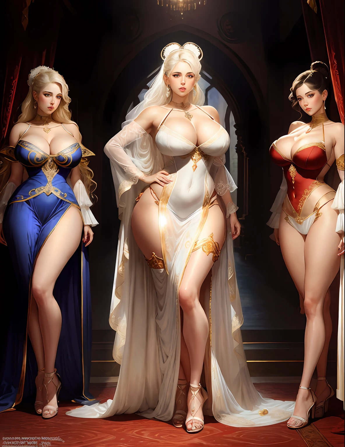 masterpiece, highest quality, (perfect face:1.1) , (high detail:1.1), dramatic, female triplets, breasts, white hair, red eyes, cleavage, long hair, curvy, large breasts, moon, see-through, night, dress, thighs, navel, white dress, laced choker, bare shoulders, wide hips, thick thighs, lips, covered, laced robe, pelvic curtain, laced pelvic curtain, toned pelvis, toned hips, milky hips, navel piercings, body piercings, huge breasts, muscles, big biceps, thigh muscles, bruised knees, white Heels, white sandals, body piercings, Chun Li thighs, neck chains, castle, detailed background, art by artgerm and greg rutkowski, cinematic lighting
