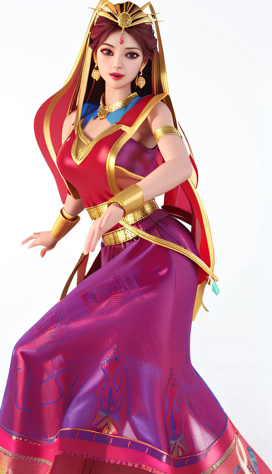 a realistic cartoon girl in a blue dress with a red shawl, dancing character, she is dancing. realistic, epic 3 d oshun, megara, she is dancing, as though she is dancing, dynamic dancing pose, maya ali sorceress, dancer, frantic dancing pose, female character, portrait of modern darna, full body close-up shot, female dancer