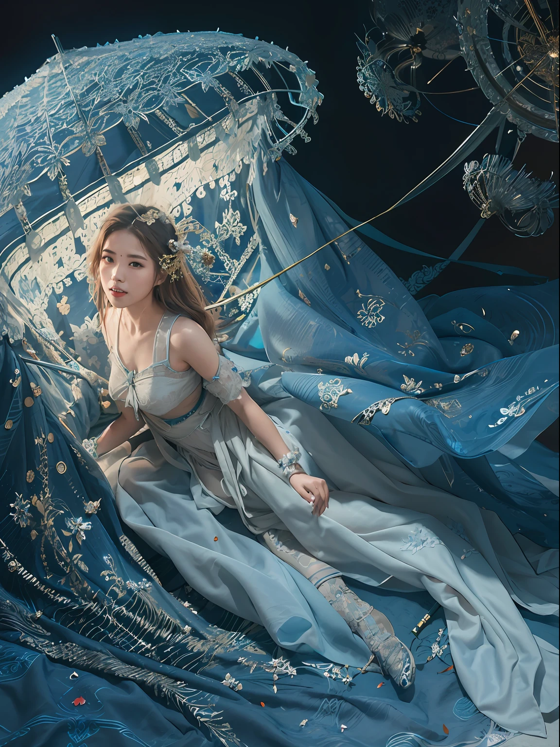 there is a woman sitting on a blue cloth holding an umbrella, cinematic. by leng jun, ethereal fantasy, palace , a girl in hanfu, lovely languid princess, ethereal fairytale, intricate wlop, a stunning young ethereal figure, fantasy photoshoot, ethereal beauty, a beautiful fantasy empress, portrait shot, beautiful digital artwork, xianxia fantasy, chinese fantasy