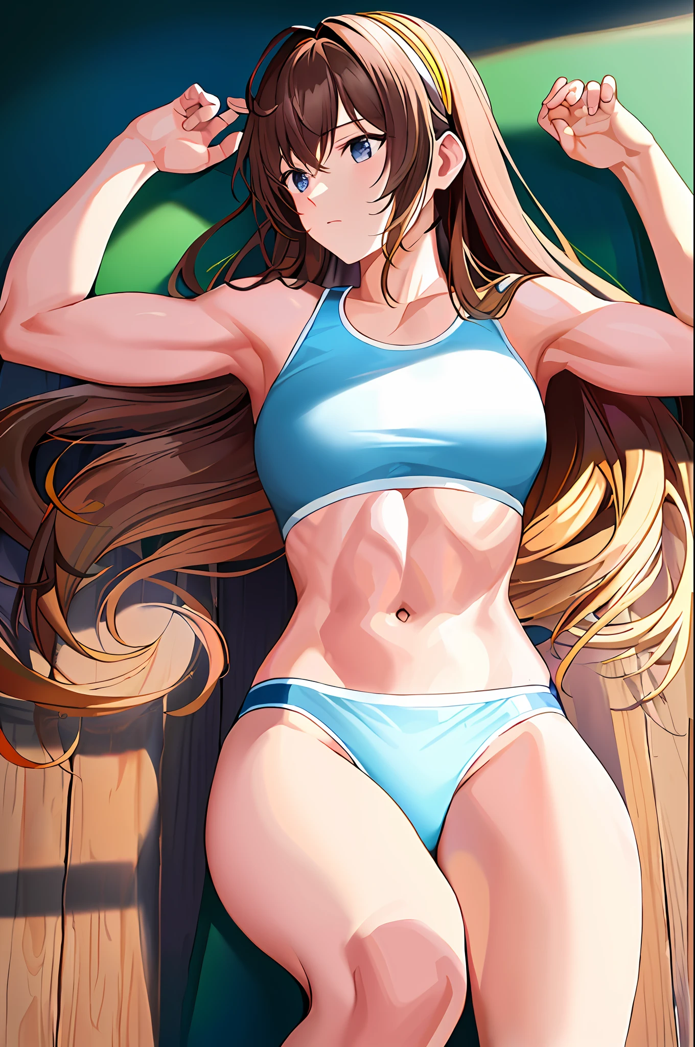 ((masterpiece)), (best quality), (detailed), (1 girl), female wrestler, long brown hair hair, hazel eyes, fair skin, muscular body, white bikini, (light blue bikini bottom), light blue fingerless gloves, laying down, sleepy, midriff, navel, abs, light blue wrestling boots