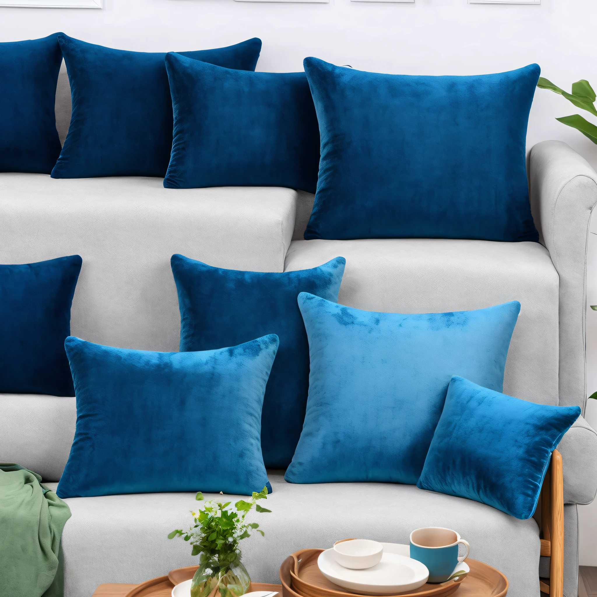 Sofa set with 3 short blue plush throw pillows, velvet texture, soft and comfortable, HD photography, home photography, 8K, realistic photography, home photography, blue short plush throw pillows, blue short plush throw pillows, matte velvet, velor material