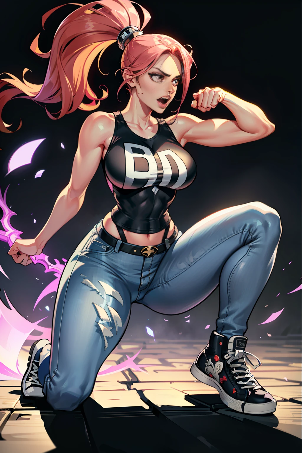 :: JOE MADUREIRA STYLE:: BEAUTIFUL WOMAN perfect and detailed, ultra detailed style clothes with tatoon designs and colors of light pink, black, white and gray, with various full-body attack poses and with immersive effects, hover effect, graphite style background with vibrant colors "ultra hdr" detailed, focus effect, sneakers all star converse black (masterpiece:  1.2, best quality), (finely detailed beautiful eyes: 1.2), extremely detailed hair, depth of field,shot with Canon EOS,lens 135mm f1.8,portrait of [x]((1Girl Kelly Brook Beautiful Woman )),long, straight black hair,with a natural glow and stuck like a ponytail ((Solo)), (Ultra detailed eyes:1.4), (Finely detailed eyes and detailed face:1.3), ), (With ULTRA DETAILED jeans and a white t-shirt with full ultra detailed tatoom print:1.3), (Beautiful and clear background:1.2), (Extremely detailed CG, Ultra-detailed, Best Shadow:1.1),("" character with his super power in the right fist")((Depth of field and blur)), ((Watercolor)), Large breasts, Bare shoulders, Flowers and petals, Beautiful conceptual illustration , (white background:0.5),  (Illustration :1.1), (extremely thin and beautiful: 1.1), (perfect details: 1.1) graffiti style background, freedom, screaming with angry face, digital illustration, perfect anatomy, centered, approaching perfection, dynamic, highly detailed, watercolor painting, artstation, conceptual art, smooth, sharp focus, illustration, perfect anatomy, centered, approaching perfection, dynamic, highly detailed, character sheet, artstation, concept art, smooth,  sharp focus, illustration, full body shot,
