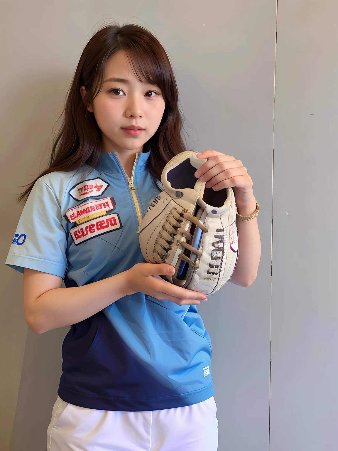 arafed asian girl holding a baseball glove and a ball, akikazu mizuno, aoshima chiho, aoi ogata, kazue kato, akiko takase, chiho ashima, 奈良美智, yukii morita, taken with canon 8 0 d, shiori teshirogi
