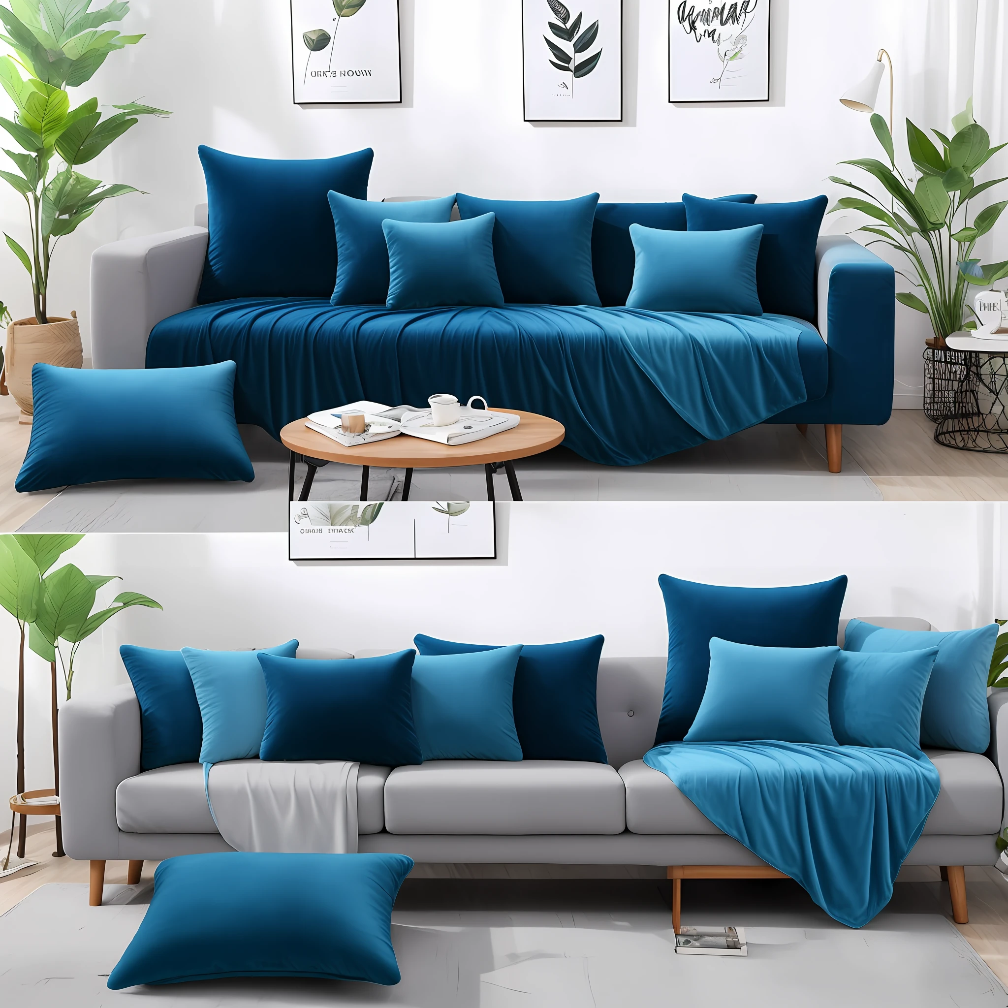 Sofa set with 3 short blue plush throw pillows, velvet texture, soft and comfortable, HD photography, home photography, 8K, realistic photography, home photography, blue short plush throw pillows, blue short plush throw pillows, matte velvet, velor material