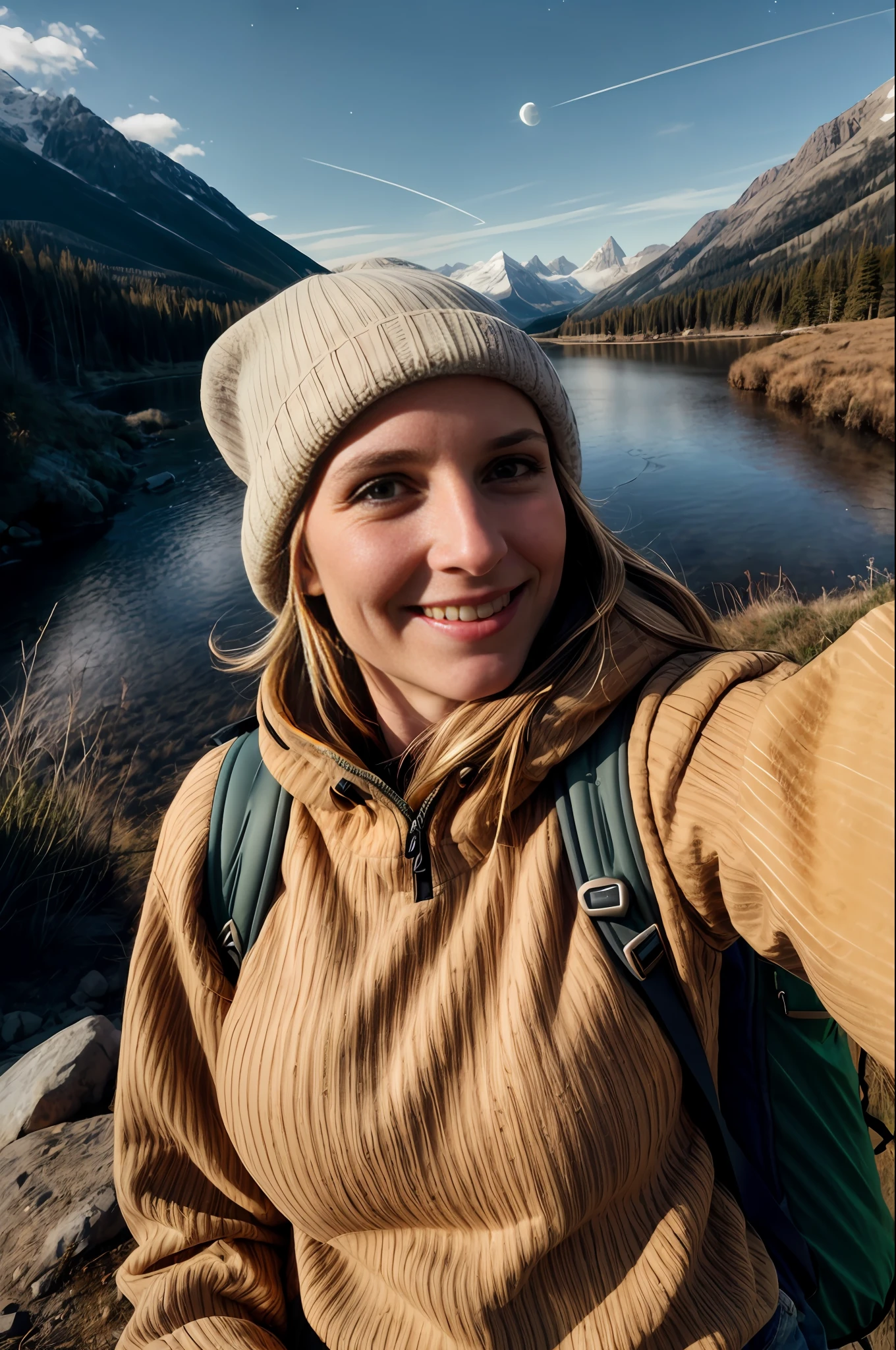 1 woman((upper body selfie, happy)), masterpiece, best quality, ultra-detailed, solo, outdoors, (night), mountains, nature, (stars, moon) cheerful, happy, backpack, sleeping bag, camping stove, water bottle, mountain boots, gloves, sweater, hat, flashlight, forest, rocks, river, wood, smoke, shadows, contrast, clear sky, analog style (look at viewer:1.2) (skin texture) (film grain:1.3), (warm hue, warm tone)
:1.2), close up, cinematic light, sidelighting, ultra high res, best shadow, RAW, upper body, old man, wearing pullover