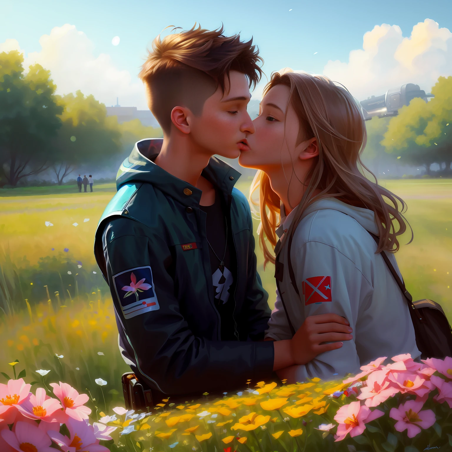 Painting of two boys kissing in a flower garden, behind them is an abandoned train, a beautiful painting of a friend, Vadim Kashin. Ultra realistic and beautiful digital painting, gwaiz style artwork, beautiful artwork, Vladimir Volegov, beautiful digital artwork, gorgeous digital painting, high quality digital painting, adorable digital painting, cute boy, lovely kiss, alexander giné,