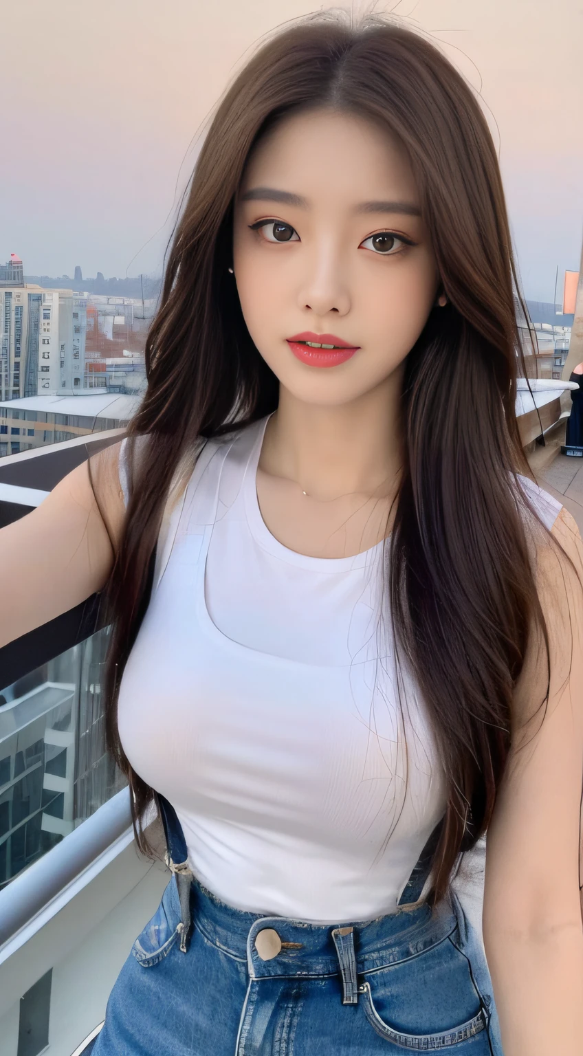 ((Midnight, Best quality, 8k, Masterpiece :1.3)), Whole body, Long legs, Sharp focus :1.2, A pretty woman with perfect figure :1.4, Slender abs :1.1, ((Dark brown hair, Big breasts :1.2)), (White tight tshirt, Jean bib, Standing:1.2), ((Night city view, Rooftop:1.3)), Highly detailed face and skin texture, Detailed eyes, Double eyelid