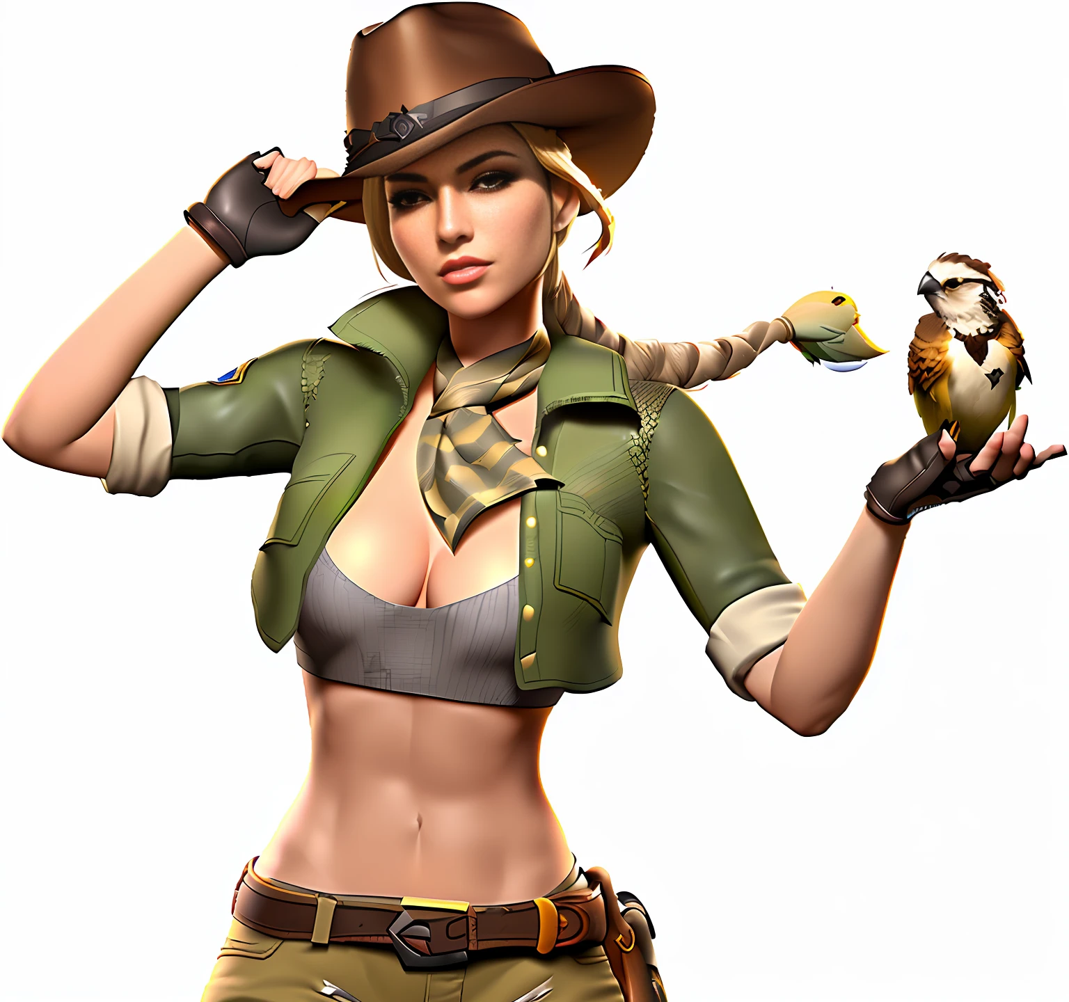 a close up of a woman in a hat holding a bird, gorgeous jungle ranger, female sheriff, 3 d render character art 8 k, ashe, render of april, cowgirl, tanny skin, female character, sfm render, female cowgirl, portrait of a female ranger, ashe from overwatch, 3 d character art, character render, western cowgirl, 3 d character render