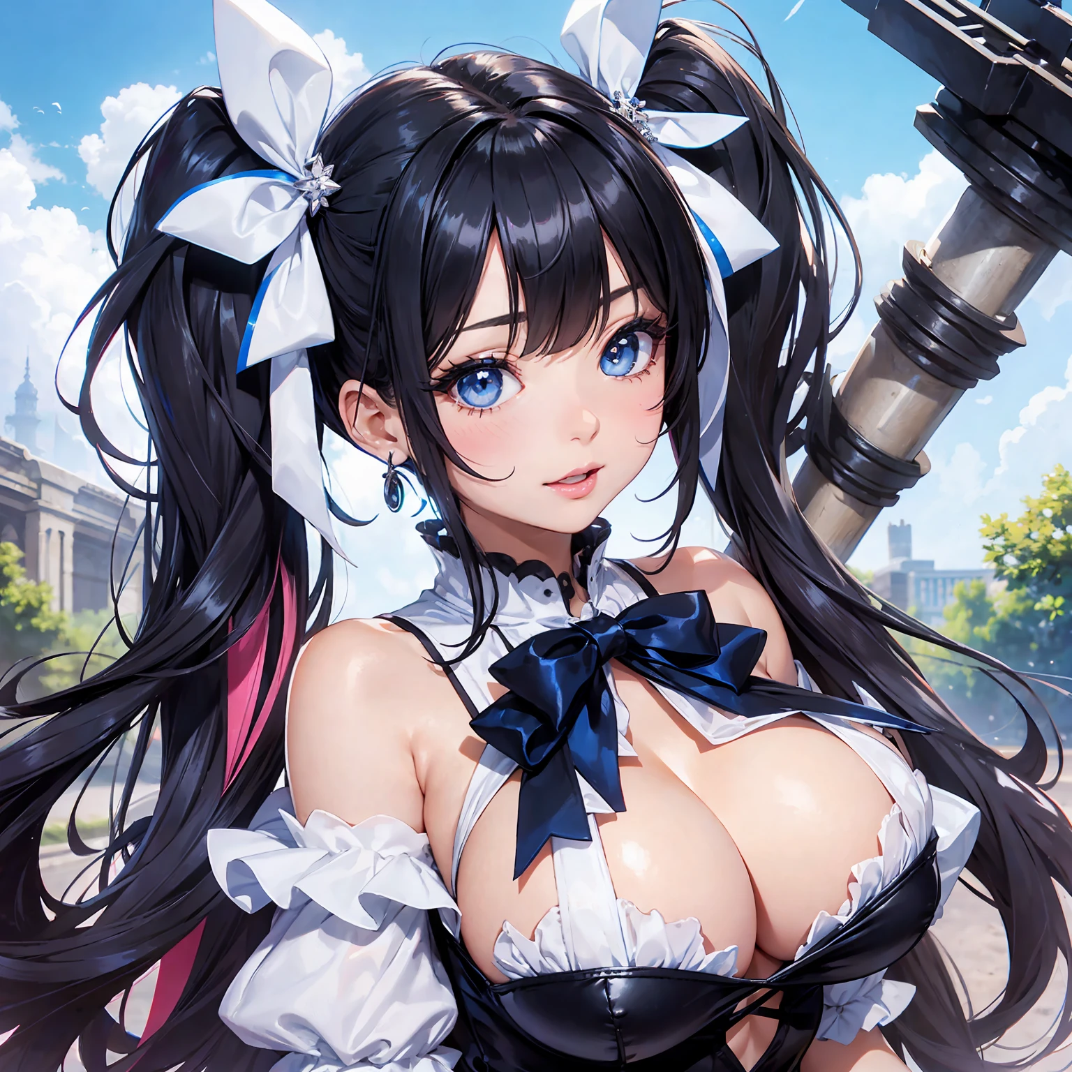 mksks style, masterpiece, best quality, long eyelashes, eyeliner, eyeshadow, mascara, colorful, pink lips, deep skin, looking at viewer, upper body, curvy, hestia (danmachi), 1girl, breasts, solo, long hair, blue ribbon, twintails, gloves, ribbon, dress, rei no himo, large breasts, blue eyes, black hair, white gloves, cleavage, white dress, looking at viewer, closed mouth, hair ribbon, bow, sleeveless, sleeveless dress, bangs, blush, cleavage cutout, hair ornament, bowtie, clothing cutout, very long hair, covered navel, arm ribbon, shiny skin, outdoors, grassy fields, blue sky, cloudy sky, tight, taut dress, breast focus, upper body, ultra-detailed, illustration, close-up, straight on, portrait, face focus, :p, tongue out --auto --s2