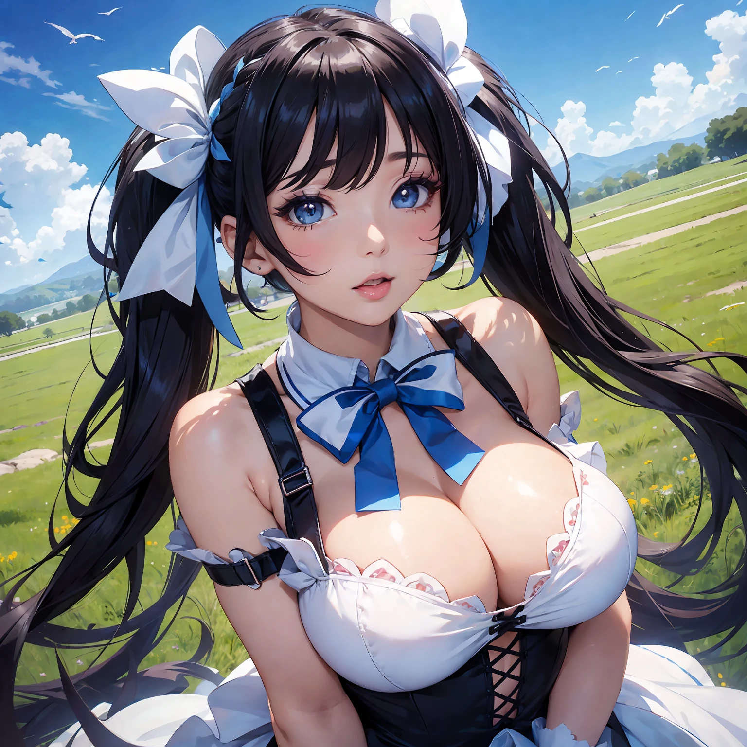 mksks style, masterpiece, best quality, long eyelashes, eyeliner, eyeshadow, mascara, colorful, pink lips, deep skin, looking at viewer, upper body, curvy, hestia (danmachi), 1girl, breasts, solo, long hair, blue ribbon, twintails, gloves, ribbon, dress, rei no himo, large breasts, blue eyes, black hair, white gloves, cleavage, white dress, looking at viewer, closed mouth, hair ribbon, bow, sleeveless, sleeveless dress, bangs, blush, cleavage cutout, hair ornament, bowtie, clothing cutout, very long hair, covered navel, arm ribbon, shiny skin, outdoors, grassy fields, blue sky, cloudy sky, tight, taut dress, breast focus, upper body, ultra-detailed, illustration, close-up, straight on, portrait, face focus, :p, tongue out --auto --s2