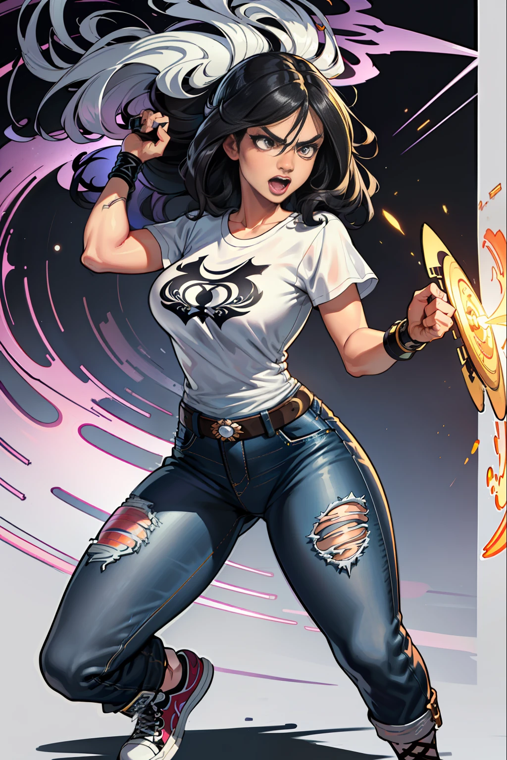 :: JOE MADUREIRA STYLE::BEAUTIFUL WOMAN, ultra detailed style clothes with tatoon designs and colors of light pink, black, white and gray, with various full-body attack poses and with immersive effects, hover effect, graphite style background with vibrant colors "ultra hdr" detailed, focus effect, black all star converse sneakers (masterpiece: 1.2, best quality),  (finely detailed beautiful eyes: 1.2), extremely detailed hair, depth of field,shot with Canon EOS,lens 135mm f1.8,portrait of [x](( )),long, straight black hair,with a natural shine ((Solo)), (Ultra detailed eyes:1.4), (Finely detailed eyes and detailed face:1.3),), (With ULTRA DETAILED jeans and a white t-shirt with ultra detailed tatoom print throughout:1.3),  (Beautiful and clear background:1.2), (CG extremely detailed, Ultra-detailed, Best Shadow:1.1),("" character with his super power in the right fist"")((Depth of field and blur)), ((Watercolor)), , Beautiful conceptual illustration , (white background:0.5), (Illustration :1.1), (extremely thin and beautiful: 1.1), (perfect details: 1.1) graffiti style background, freedom, screaming with angry face, digital illustration, perfect anatomy,  centered, approaching perfection, dynamic, highly detailed, watercolor painting, artstation, concept art, smooth, sharp focus, illustration, perfect anatomy, centered, approaching perfection, dynamic, highly detailed, character sheet, artstation, concept art, smooth, sharp focus, illustration, full body shot,
