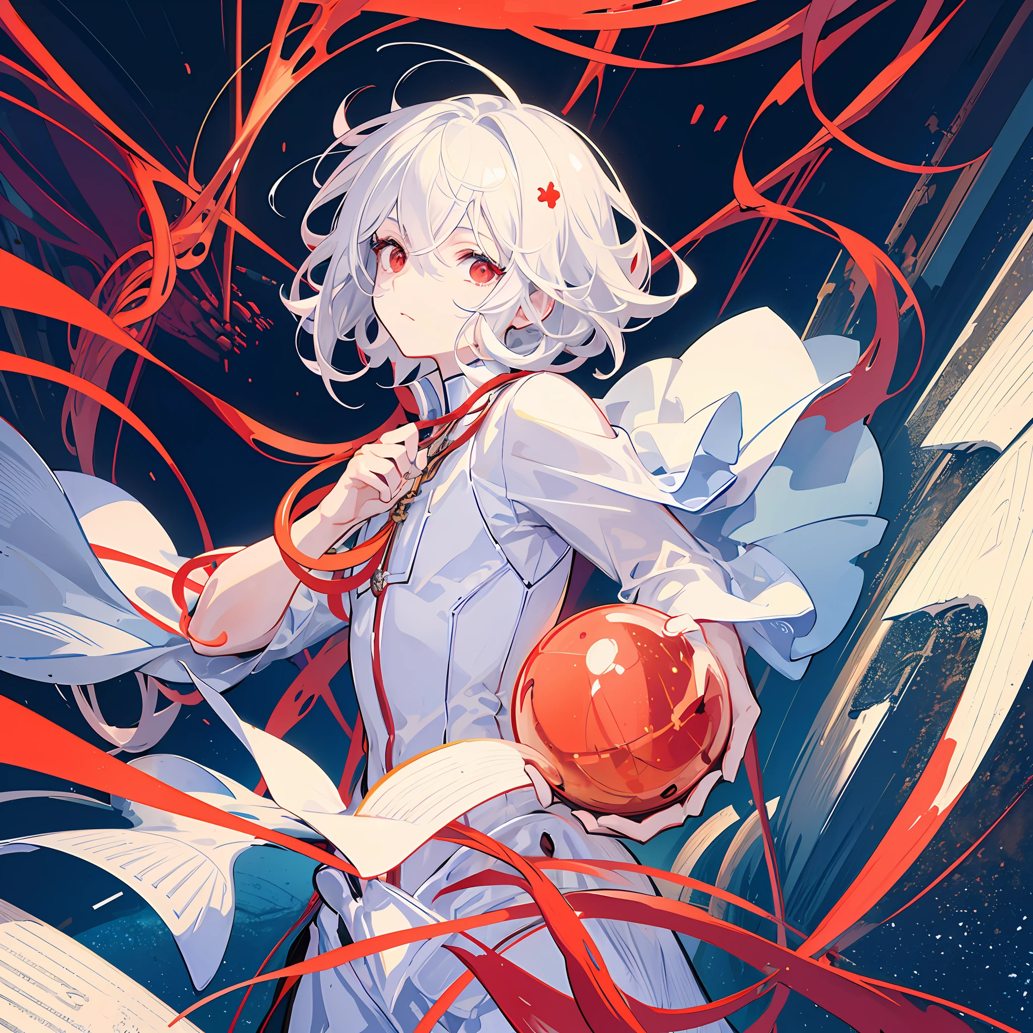 (artwork:1.1), (masterpiece:1.3)0.7], (eye details1.4)0.3], a boy with short white hair, (detailed, beautiful red eyes:1.3)0.3], wearing a white jumpsuit with gold details, holding a sphere (almost transparent:1.2)0.2], in an extremely detailed techno room landscape setting, in cinematic hard linear lighting.
