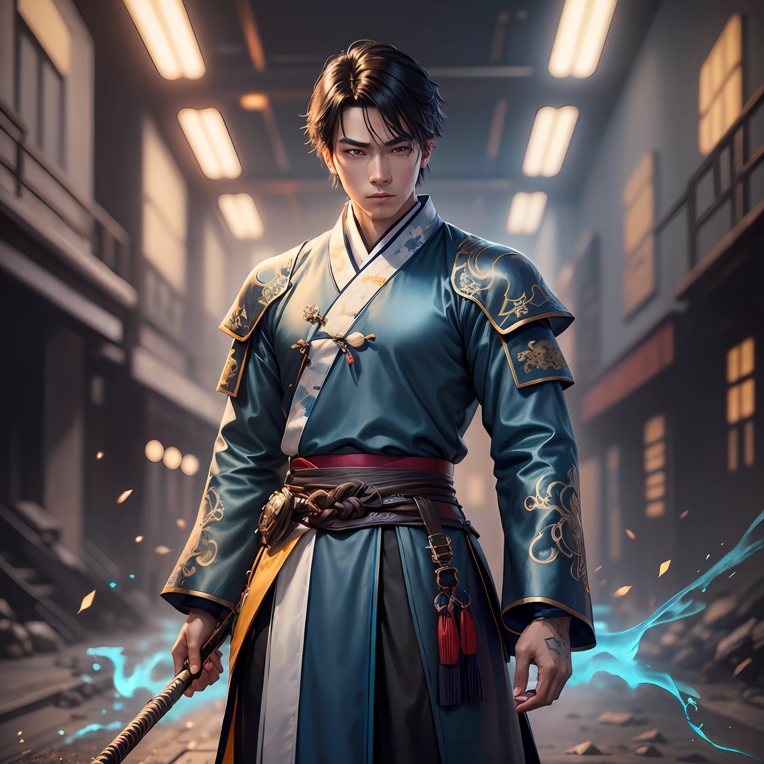 cyberpunk, man in period costume, ancient battlefield, dark background, clean design, epic Instagram, artstation, colorful paint splashes, silhouettes, ultra-detailed intricate details, Unreal Engine, fantasy, complex details, splash screen, complementary colors, fantasy concept art, 8k resolution, deviantart masterpiece, oil painting, heavy stroke, paint dripping, (isolation on white background: 1.3), rainbow skin, ((( Handsome young Chinese man))), ((teenage:1.5)), (glowing blue eyes), ((eyes with light)), (short black hair: 1.1))), (((costume Hanfu), (General\\(indifferent expression\\), ((Wearing high-detail luxury costume Hanfu))), with black hair --auto --v 6 --s2