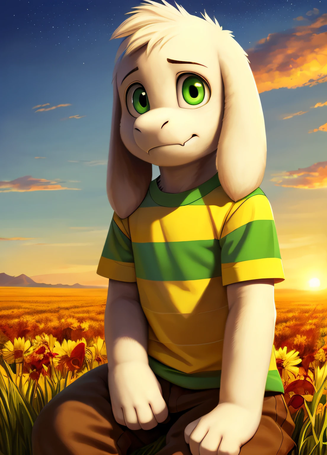 1boy,(( )), green-yellow-striped t-shirt, pants, solo, ???, teen, sit, sunrise, autumnal field, (green-yellow striped t-shirt, brown pants), (best quality, ultra-detailed, best illustration, masterpiece, high res, professional artwork, famous artwork), realistic paint, (insane detailed eyes, green shine eyes), white fur, detailed realistic painting, male, detailed white fur, asriel, portrait, detailed hands, shaded, four fingers, insane details, looking forward, cartoon, cute