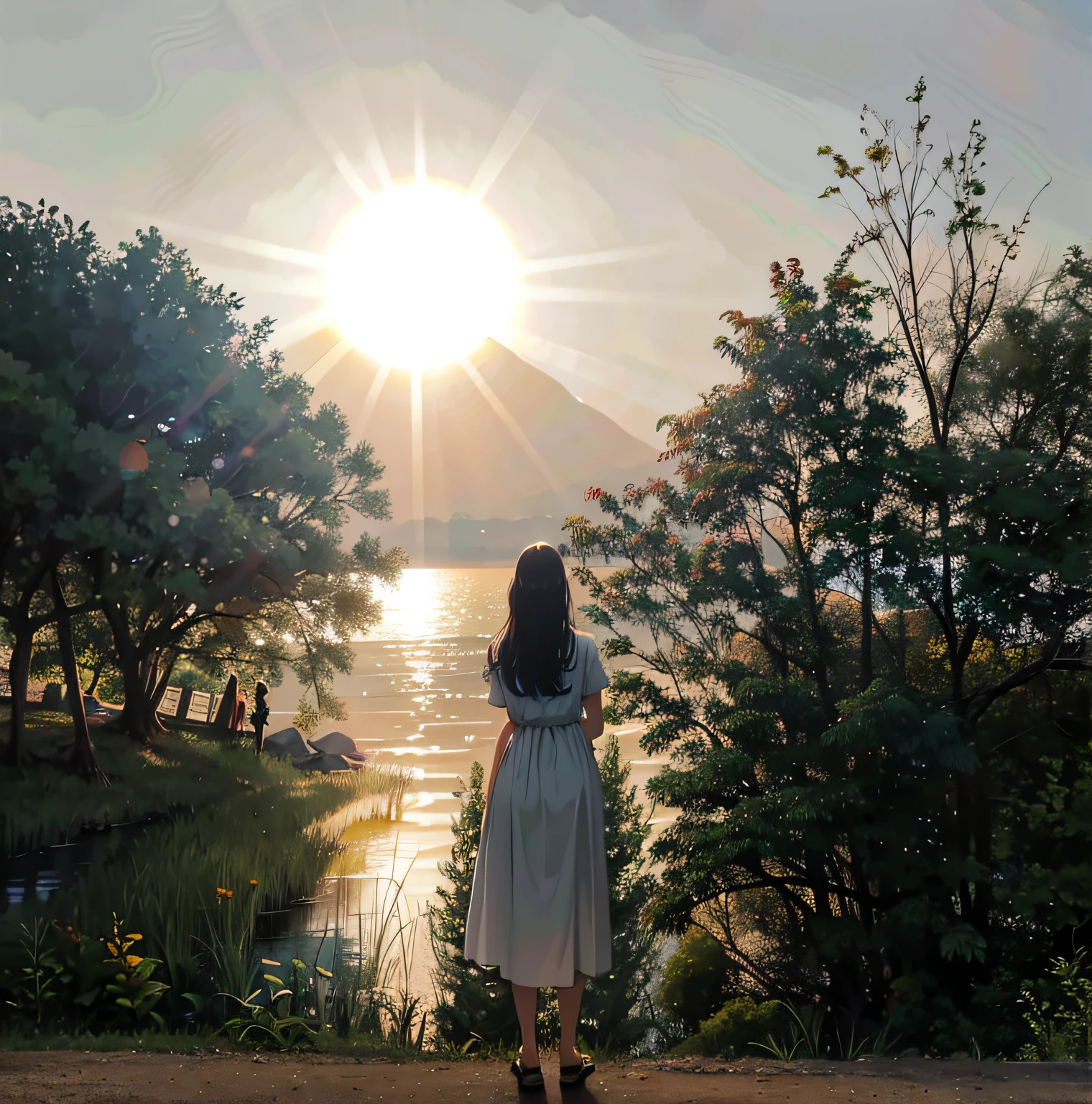 There is a skinny woman standing on the path looking at the water in a beautiful sunset, in the sunset, looking at the sunset, the sun behind her, in the sunset, the girl looking at the sunset, the ethereal glare of the sun, the sun shining on it, in the golden hour, in the soft dreamy glow at sunset, high quality, 8k, hyperdetail,