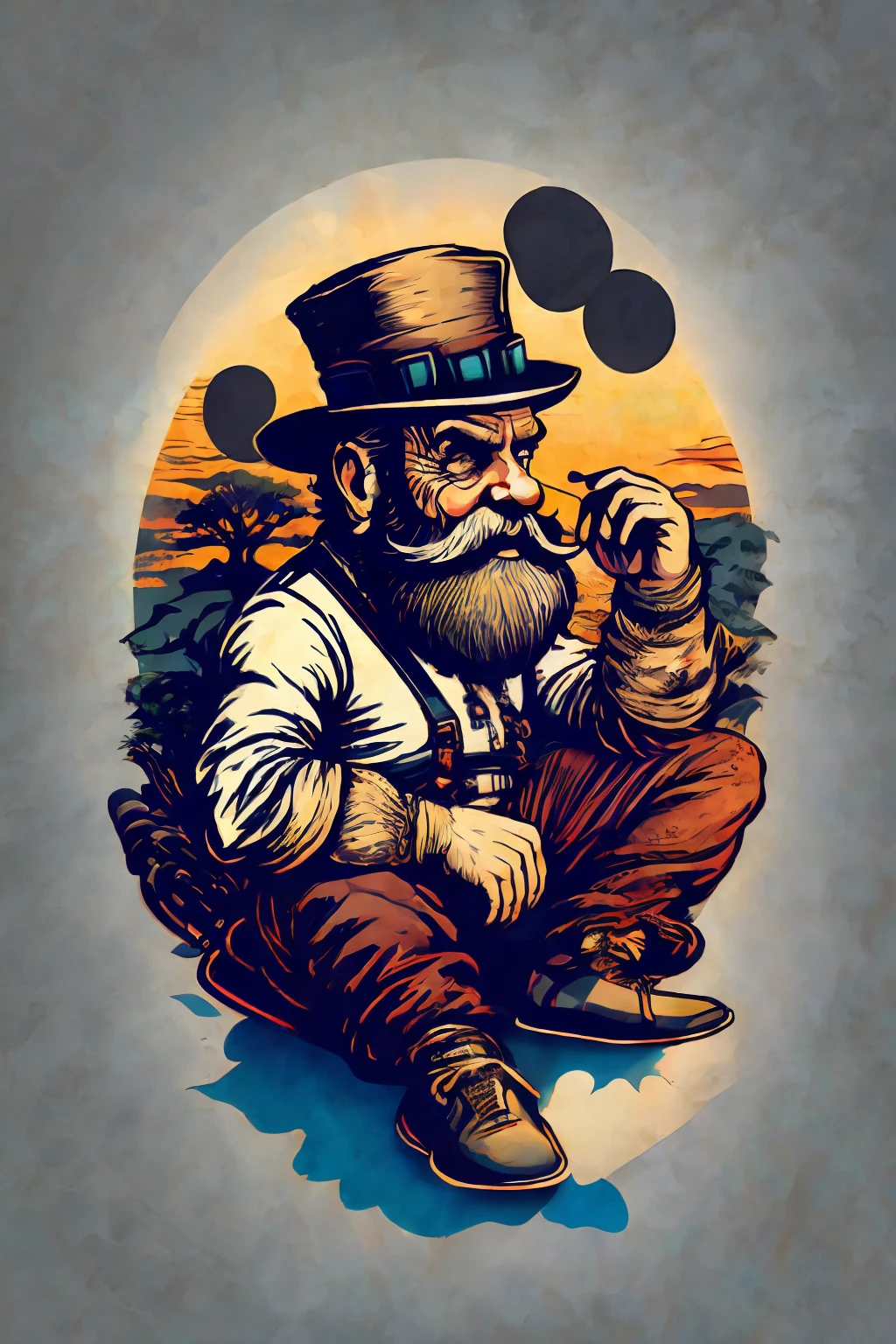 A bearded old man sitting on a rock in a pensive position, with a top hat, in a circle, with white background and art vector style, in a vibrant and characteristic sunset, with detailed and sharp outline, as a t-shirt logo in the style of art