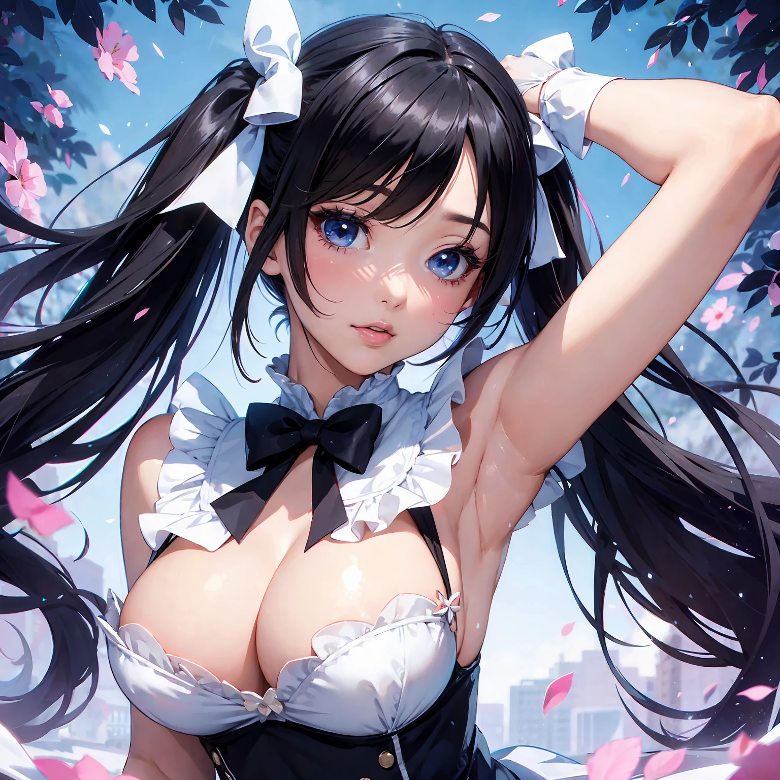 mksks style, masterpiece, best quality, long eyelashes, eyeliner, eyeshadow, mascara, colorful, pink lips, deep skin, looking at viewer, upper body, curvy, hestia (danmachi), 1girl, breasts, solo, long hair, blue ribbon, twintails, gloves, ribbon, dress, rei no himo, large breasts, blue eyes, black hair, white gloves, cleavage, white dress, looking at viewer, closed mouth, hair ribbon, bow, sleeveless, sleeveless dress, bangs, blush, cleavage cutout, hair ornament, bowtie, clothing cutout, very long hair, covered navel, arm ribbon, shiny skin, outdoors, grassy fields, blue sky, cloudy sky, tight, taut dress, breast focus, upper body, ultra-detailed, illustration, close-up, straight on, portrait, face focus, :p, tongue out --auto --s2