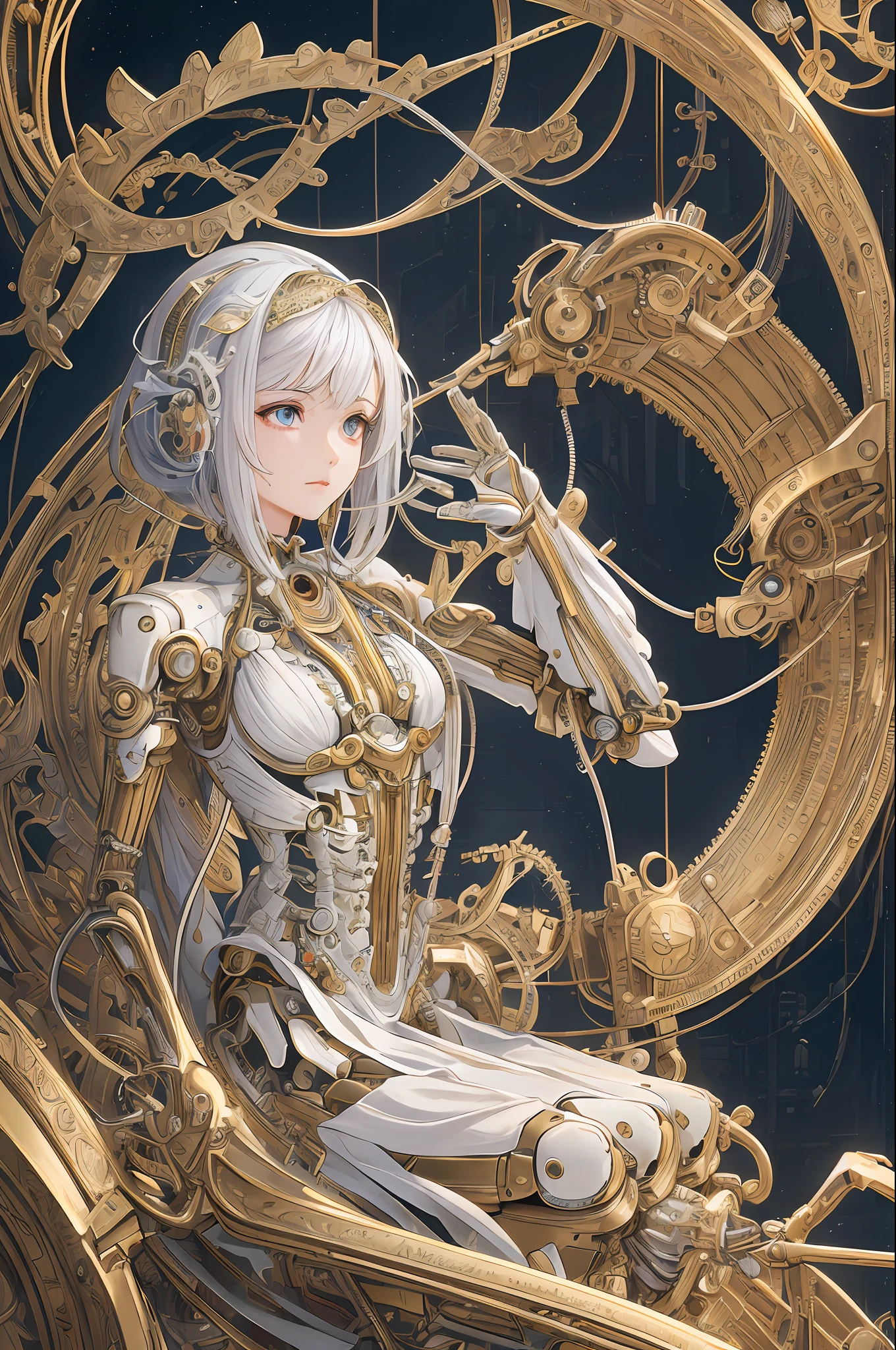 (((masterpiece))), (((best quality))), ((ultra-detailed)), (highly detailed CG illustration), ((an extremely delicate and beautiful)),(from side),cinematic light,((1mechanical girl)),solo,full body,(machine made joints:1.2),((machanical limbs)),(blood vessels connected to tubes),(mechanical vertebra attaching to back),((mechanical cervial attaching to neck)),(sitting),expressionless,(wires and cables attaching to neck:1.2),(wires and cables on head:1.2)(character focus),science fiction,extreme detailed,colorful,highest detailed