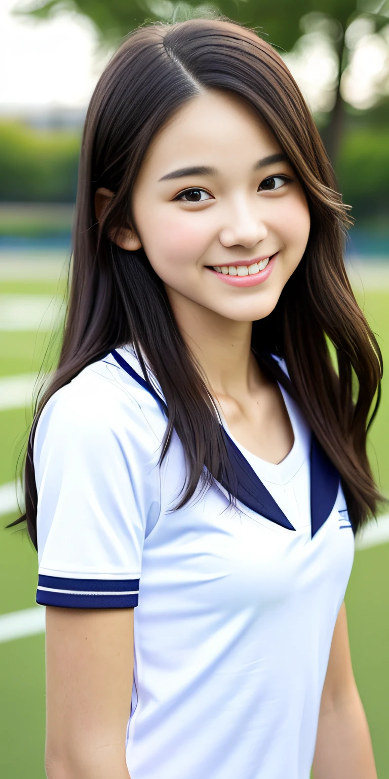 neat college girl, petite person, (school uniform, summer clothes, short sleeves), outside the athletic field, (slim, small, flat, small), photorealistic, detail, skin texture, ultra detail, delicate and sexy collarbone, smile, super detailed face, detailed lips, detailed eyes, double eyelids