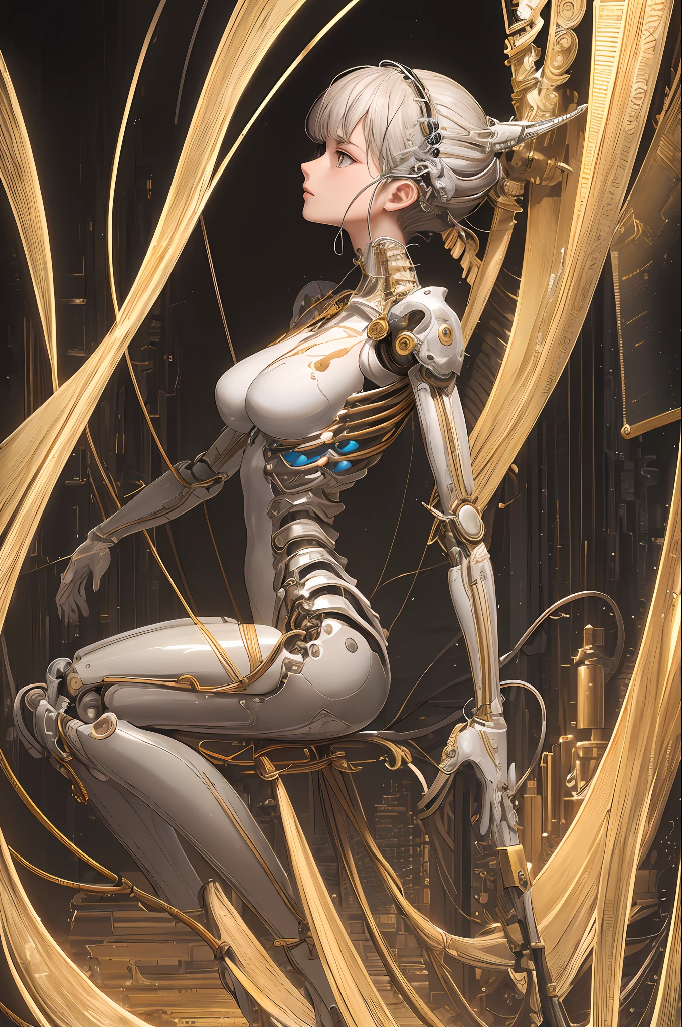 (((masterpiece))), (((best quality))), ((ultra-detailed)), (highly detailed CG illustration), ((an extremely delicate and beautiful)),(from side),cinematic light,((1mechanical girl)),solo,full body,(machine made joints:1.2),((machanical limbs)),(blood vessels connected to tubes),(mechanical vertebra attaching to back),((mechanical cervial attaching to neck)),(sitting),expressionless,(wires and cables attaching to neck:1.2),(wires and cables on head:1.2)(character focus),science fiction,extreme detailed,colorful,highest detailed