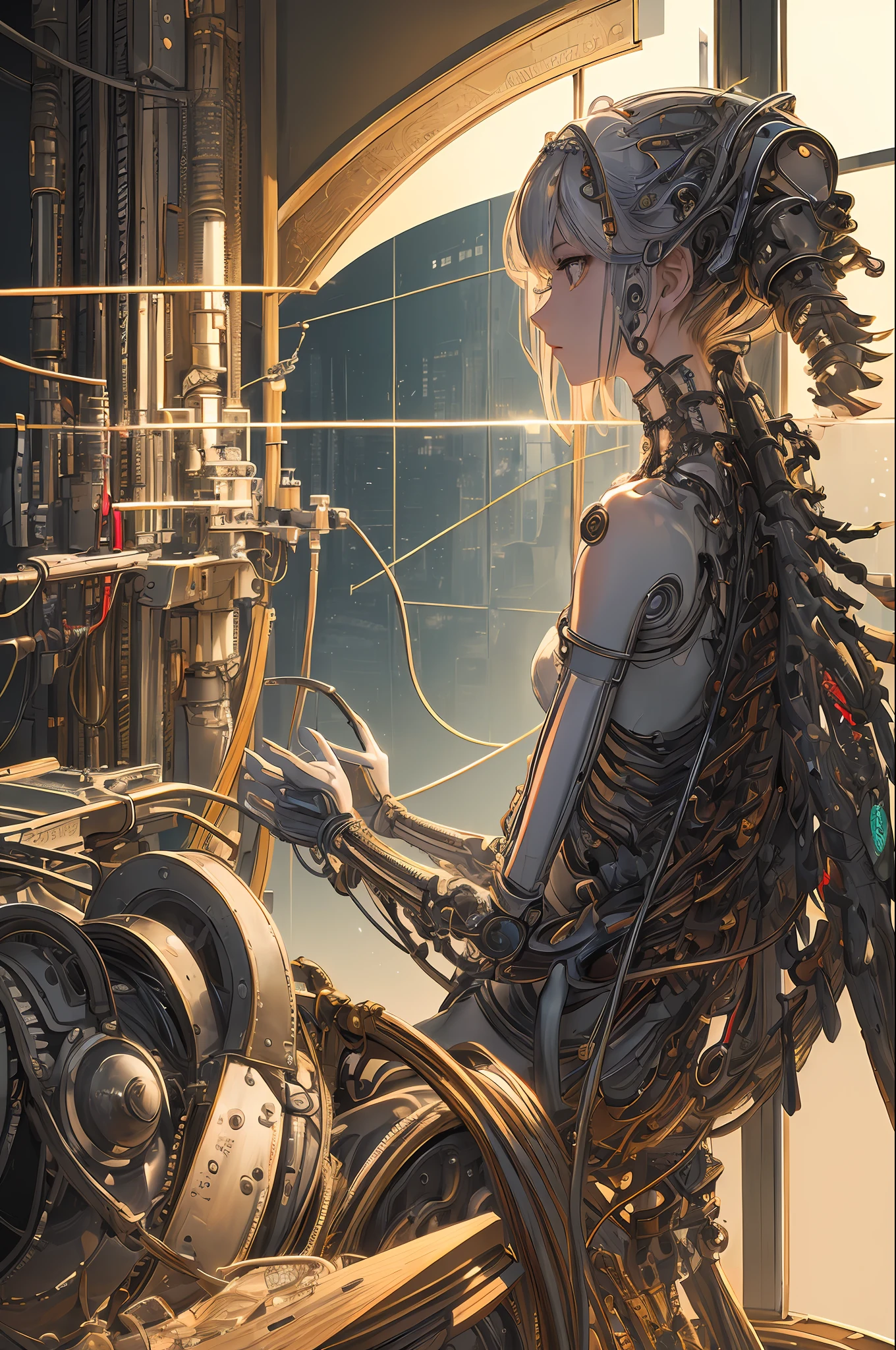 (((masterpiece))), (((best quality))), ((ultra-detailed)), (highly detailed CG illustration), ((an extremely delicate and beautiful)),(from side),cinematic light,((1mechanical girl)),solo,full body,(machine made joints:1.2),((machanical limbs)),(blood vessels connected to tubes),(mechanical vertebra attaching to back),((mechanical cervial attaching to neck)),(sitting),expressionless,(wires and cables attaching to neck:1.2),(wires and cables on head:1.2)(character focus),science fiction,extreme detailed,colorful,highest detailed