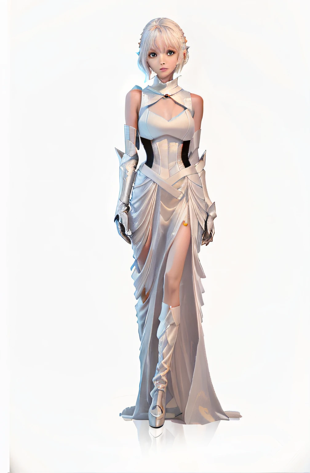 There are no wrinkles on the clothes,Kevlar material,futuristic clothes,supernova dress,bare arms,bare palms,sleeveless shirt,full body,1 girl,in space opera-style costume,pale skin,simple evening dress with sci-fi feel, white plastic,diffuse light, fantasy, no helmet, absurd, dunes, quality, (masterpiece: 1.4), super detailed, 1 girl , stand up, 2023 fashion, supernova dress, there is a hollow in the middle of the dress, hollow with light tulle, shiny light bar on the dress, bare arms, bare palms, sleeveless shirt, full body, 1 girl, in space opera-style costume, pale skin, simple evening dress with sci-fi feel, white plastic, diffuse lighting, holy goddess, fantasy, no helmet, absurdity, dune, mass, (masterpiece: 1.4), super detailed, 1 girl, stand up, 2023 fashion,
