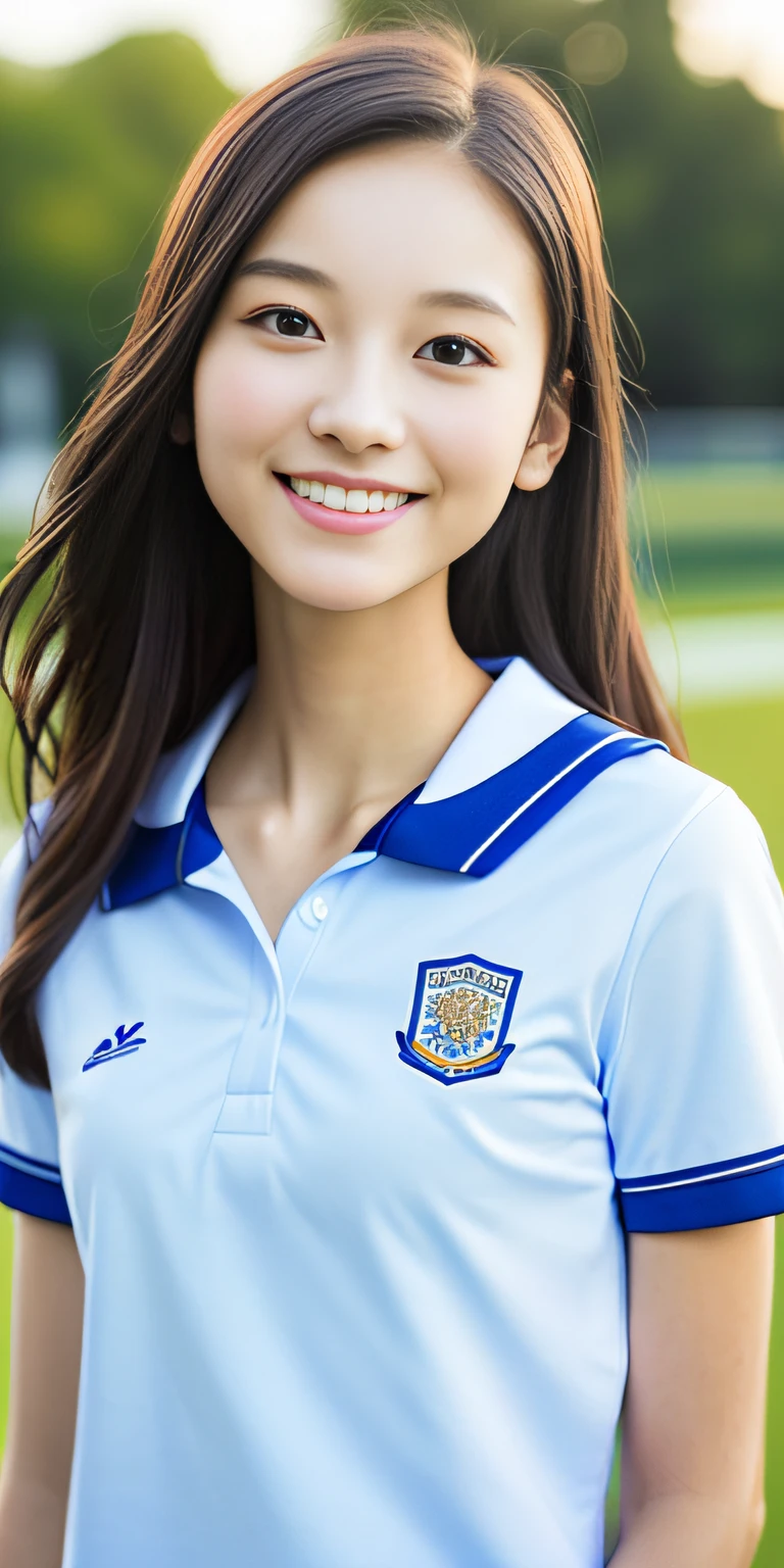 neat college girl, petite person, (school uniform, summer clothes, short sleeves), outside the athletic field, (slim, small, flat, small), photorealistic, detail, skin texture, ultra detail, delicate and sexy collarbone, smile, super detailed face, detailed lips, detailed eyes, double eyelids