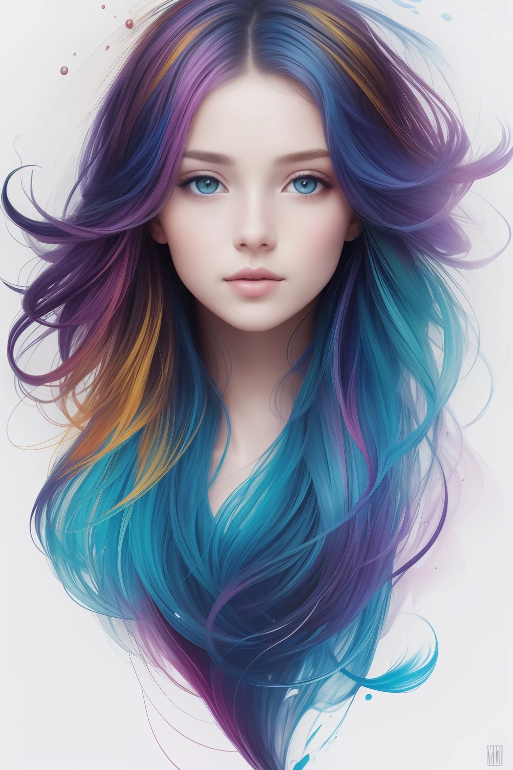 Colorful beautiful girl: a giru 8-years old, messy hair, oil painting, nice perfect face with soft skinice perfect face, blue yellow colors, light purple and violet additions, light red additions, intricate detail, splash screen, 8k resolution, masterpiece, cute face,artstation digital painting smooth veryBlack ink flow: 8k resolution photorealistic masterpiece: intricately detailed fluid gouache painting: by Jean Baptiste Mongue: calligraphy: acrylic: watercolor art, professional photography, natural lighting, volumetric lighting maximalist photoillustration: by marton bobzert:, complex, elegant, expansive, fantastical,  wavy hair, vibrant