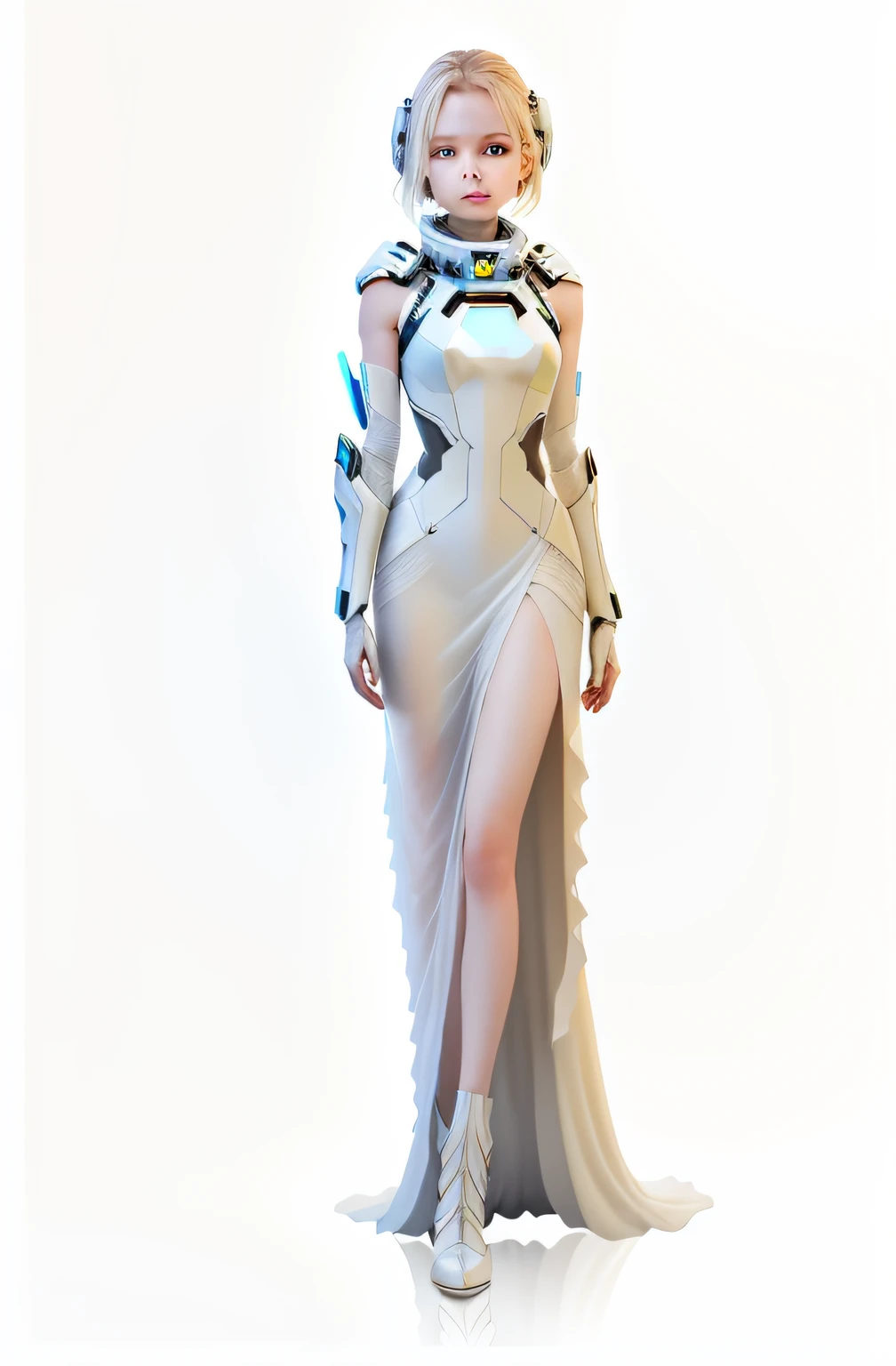 There are no wrinkles on the clothes,Kevlar material,futuristic clothes,supernova dress,bare arms,bare palms,sleeveless shirt,full body,1 girl,in space opera-style costume,pale skin,simple evening dress with sci-fi feel, white plastic,diffuse light, fantasy, no helmet, absurd, dunes, quality, (masterpiece: 1.4), super detailed, 1 girl , stand up, 2023 fashion, supernova dress, there is a hollow in the middle of the dress, hollow with light tulle, shiny light bar on the dress, bare arms, bare palms, sleeveless shirt, full body, 1 girl, in space opera-style costume, pale skin, simple evening dress with sci-fi feel, white plastic, diffuse lighting, holy goddess, fantasy, no helmet, absurdity, dune, mass, (masterpiece: 1.4), super detailed, 1 girl, stand up, 2023 fashion,