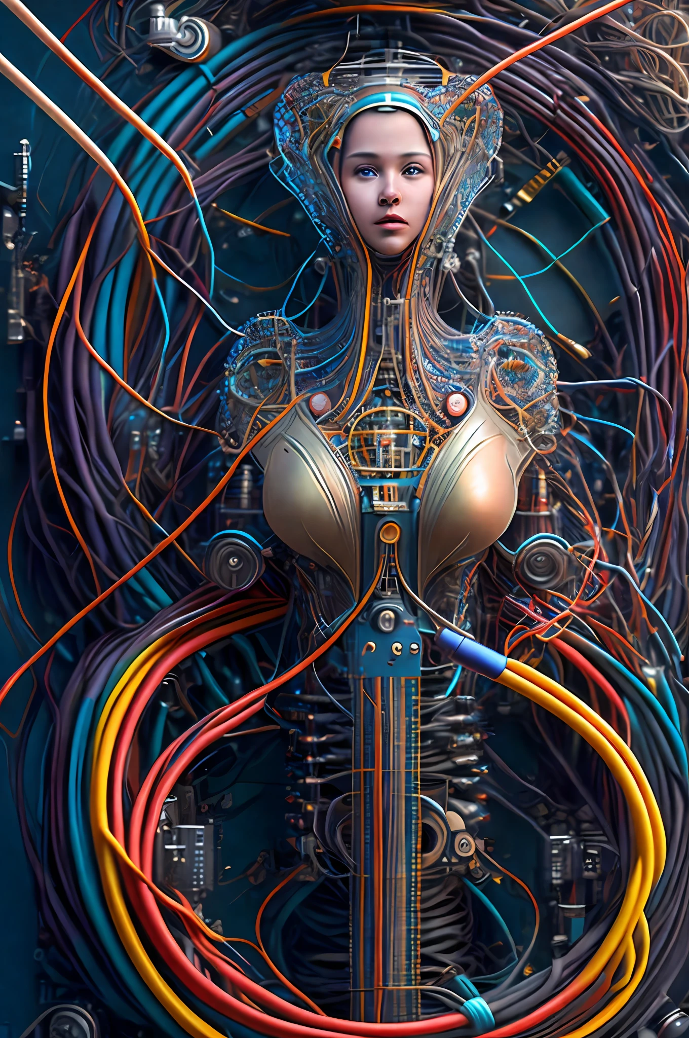 (((masterpiece))), (((best quality))), ((ultra-detailed)), (highly detailed CG illustration), ((an extremely delicate and beautiful)),(from side),cinematic light,((1mechanical girl)),solo,full body,(machine made joints:1.2),((machanical limbs)),(blood vessels connected to tubes),(mechanical vertebra attaching to back),((mechanical cervial attaching to neck)),(sitting),expressionless,(wires and cables attaching to neck:1.2),(wires and cables on head:1.2)(character focus),science fiction,extreme detailed,colorful,highest detailed