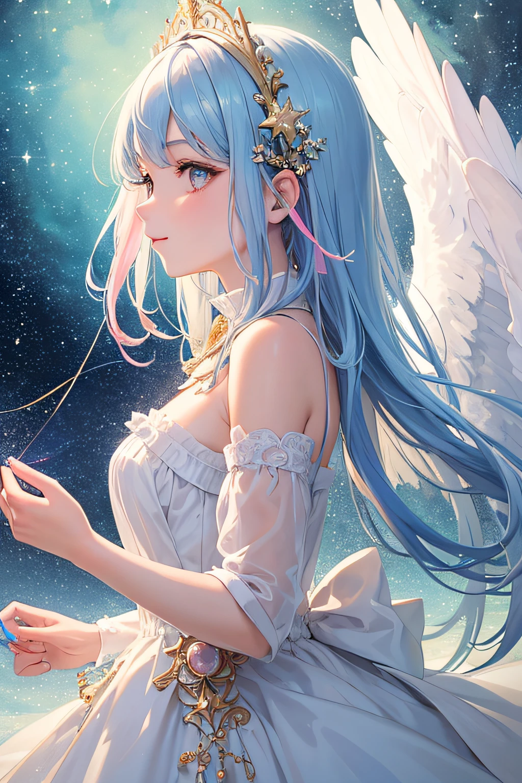 (Masterpiece, Top Quality, Best Quality, Watercolor (Medium), Official Art, Beautiful and Aesthetic: 1.2), (1 Girl: 1.3), (Fractal Art: 1.3), Upper Body, From the Side, Look at the Viewer, Pattern, (Iridescent Hair, Colorful Hair, Half Blue and Half Pink Hair: 1.2), Water, Liquid, Clouds, Colorful, Starry Sky, Stars, Angel Wings, Crystal Clear Light, Vintage, Beautiful Dress, Golden Ornaments, Clear eyes, smile