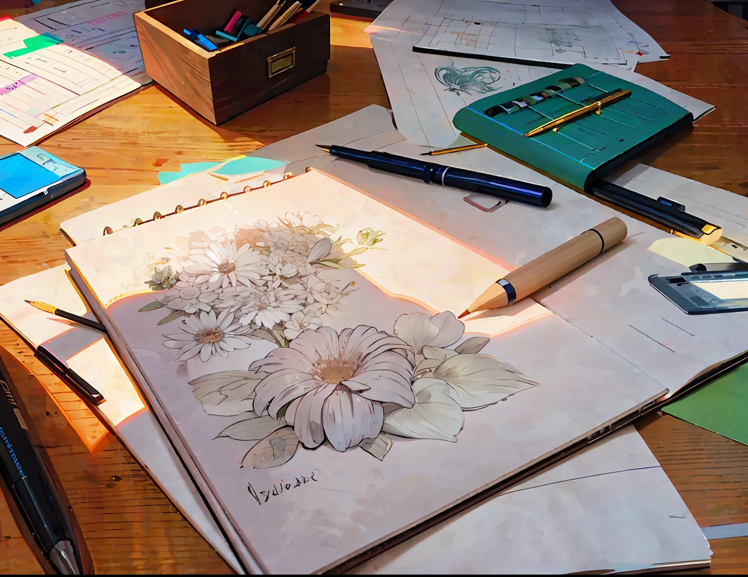 A flower is drawn in a sketchbook, sketches, drawings, pencils, a pen holder on the table, and a small wooden box on the side