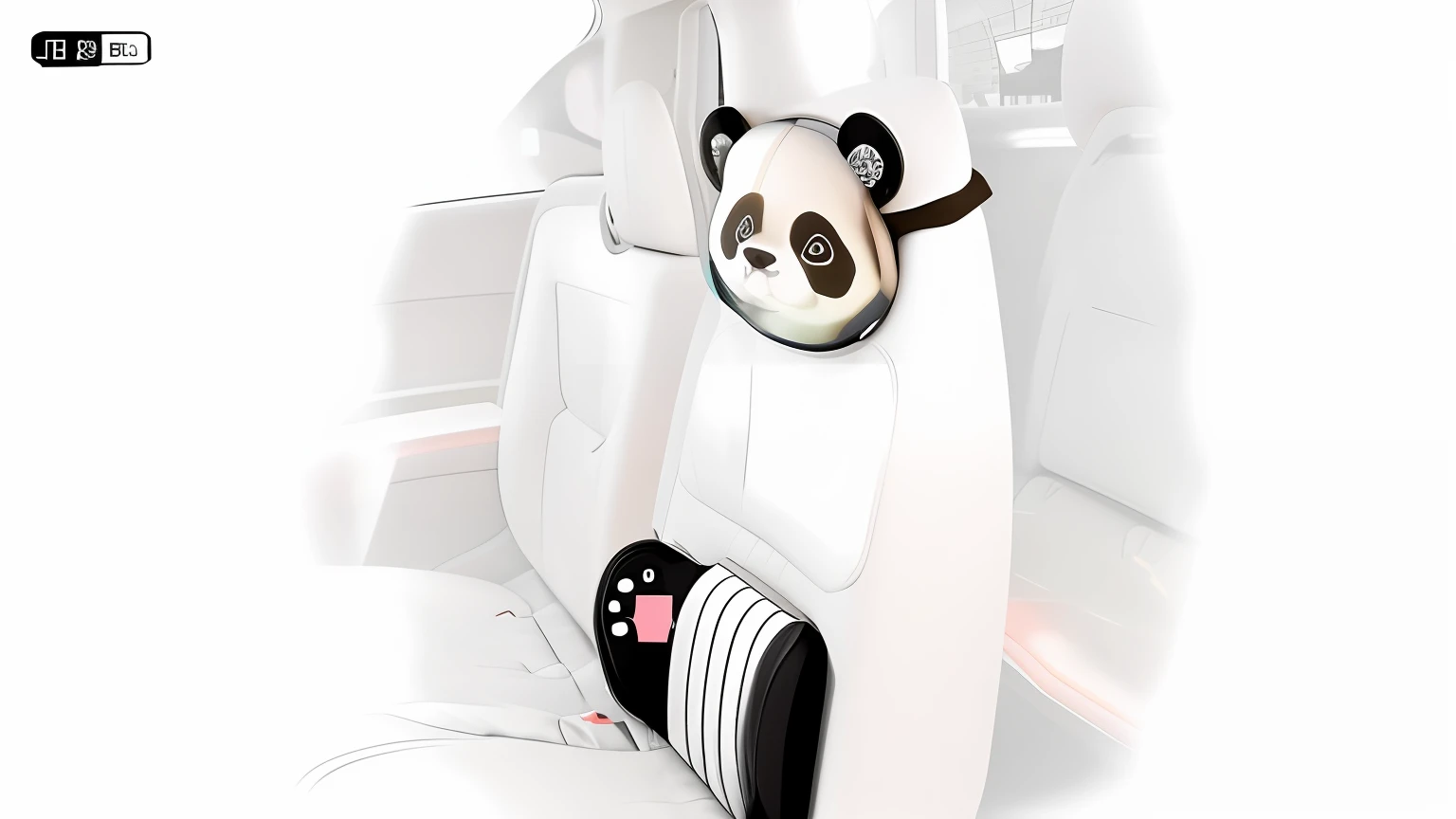 panda bear headrest in a car with a white seat cover, panda, panda panda panda, cute panda, rear facing, h. u. d, road trip, large view, alternate angle, vanara, warm mood, innocent mood, dramatic mood, flex, soft mood, demur, forward facing, paws on steering wheel, happy mood, 4d