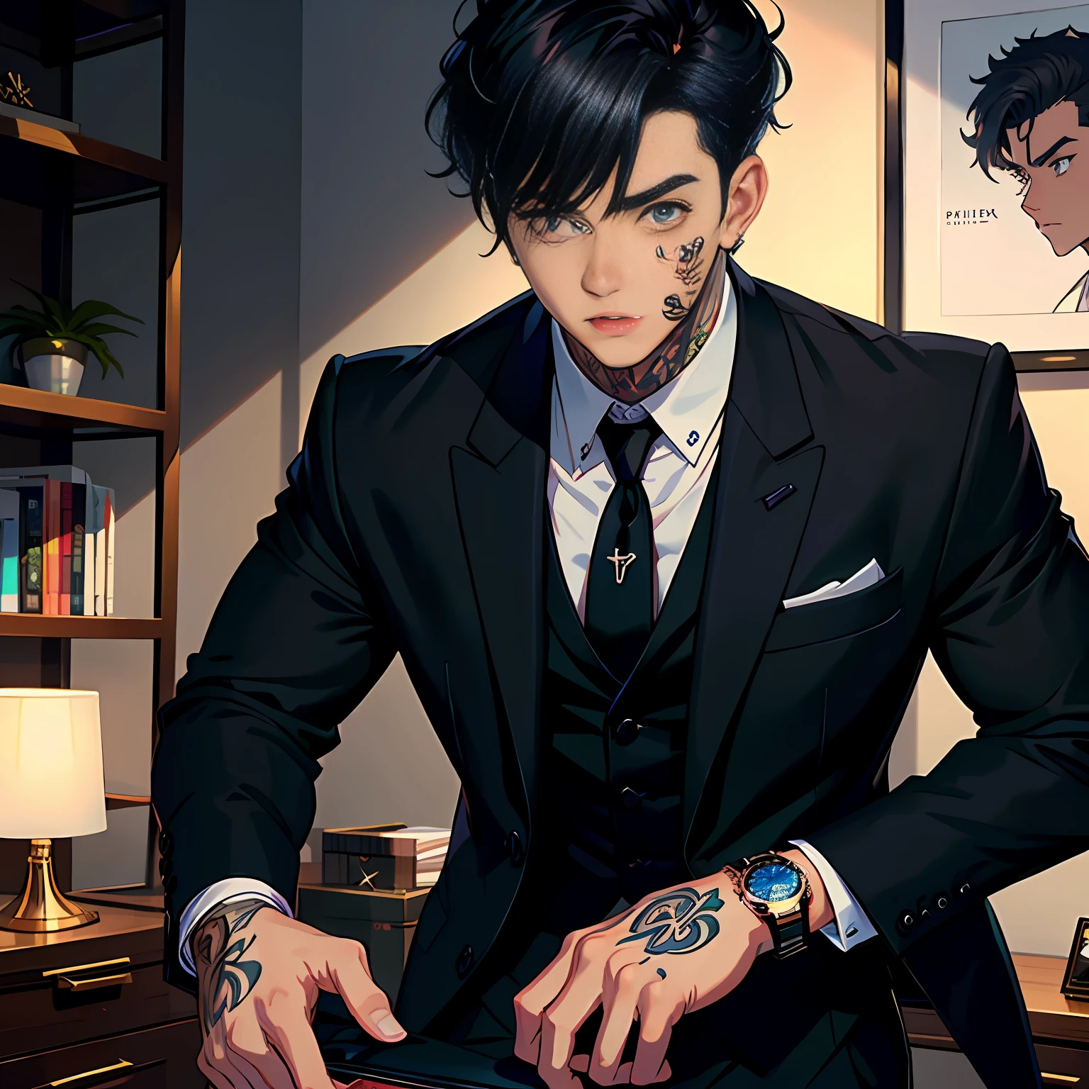 A handsome boy, 20 years old, big eyes, square face, short black hair, muscular, tattoos on his neck, wearing a black suit and shirt, wearing a Rolex watch: 1.5, indoors,