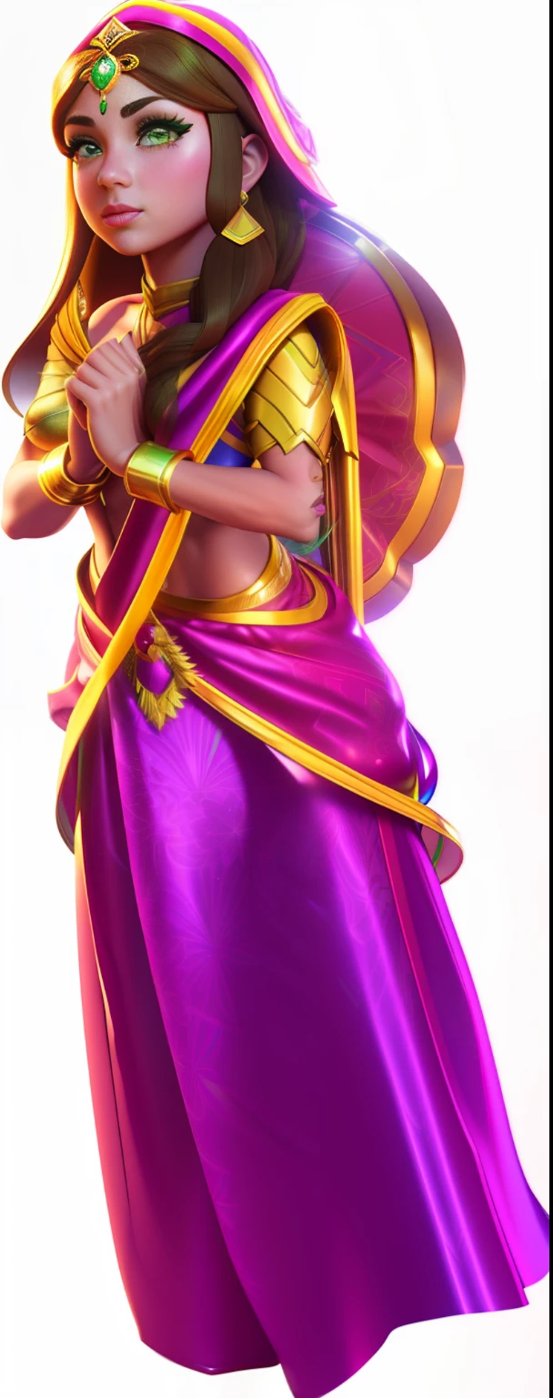 a realistic cartoon girl in a green and yellow outfit, epic realistic 3 d oshun, ingame image, portrait of modern darna, megara, render of mirabel madrigal, samira from league of legends, maya ali sorceress, leaked image, sari, smooth fuschia skin, full body close-up shot, fuchsia skin below the armor