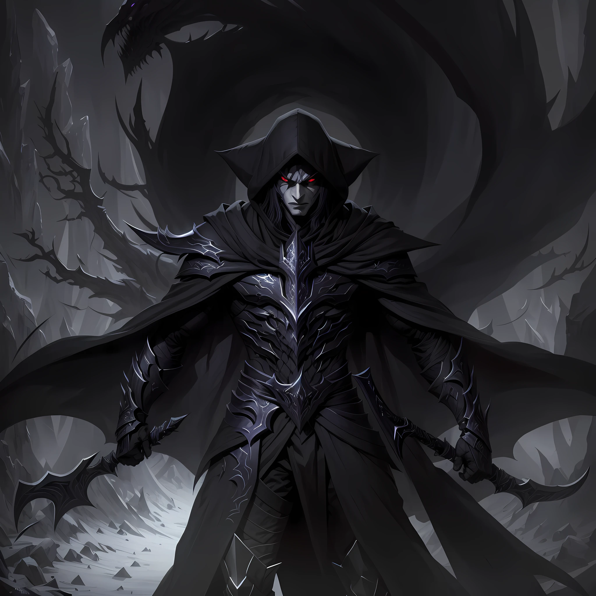 highest quality Unity CG in 8K, magnified by exceptional illumination and spectacular shadows (masterpiece, very detailed context:1.3) (Devil Man Orochimaru:0.8) (s--2000:0.8) generate an image of a dark male elf assassin named Sylrath Nightshade. (captivating and intimidating beauty: 1.2), (pale skin: 1.1). He possesses a captivating yet intimidating beauty, with pale skin similar to the glow of the moon and long flowing ebony hair framing his angular face. His deep purple eyes twinkle with a mysterious light, highlighting his magical legacy. Dressed in elegant black armor adorned with intricate dark patterns, he exudes an air of sinister elegance. (male) Facing his levitating prey in the air, the figure in black stands in front of him, his coat floating behind him and a hood above his head. A tribal mark adorns his right arm, symbolizing his allegiance to the dark Ones. With a mixture of grace and lethality, Sylrath moves with silent agility, armed with sharp daggers, deadly poisons, and an elegant bow for ranged attacks. This invitation is an invitation to evoke an image of Sylrath Nightshade, the incarnation of a Dark Elf assassin, with all his captivating and dark features. Black detective genre, highly detailed, digital painting, artstation, concept art, smooth and sharp illustration, ArtStation HQ, masterpiece|best quality|ultra-detail|high resolution|dynamic|floating,fr)