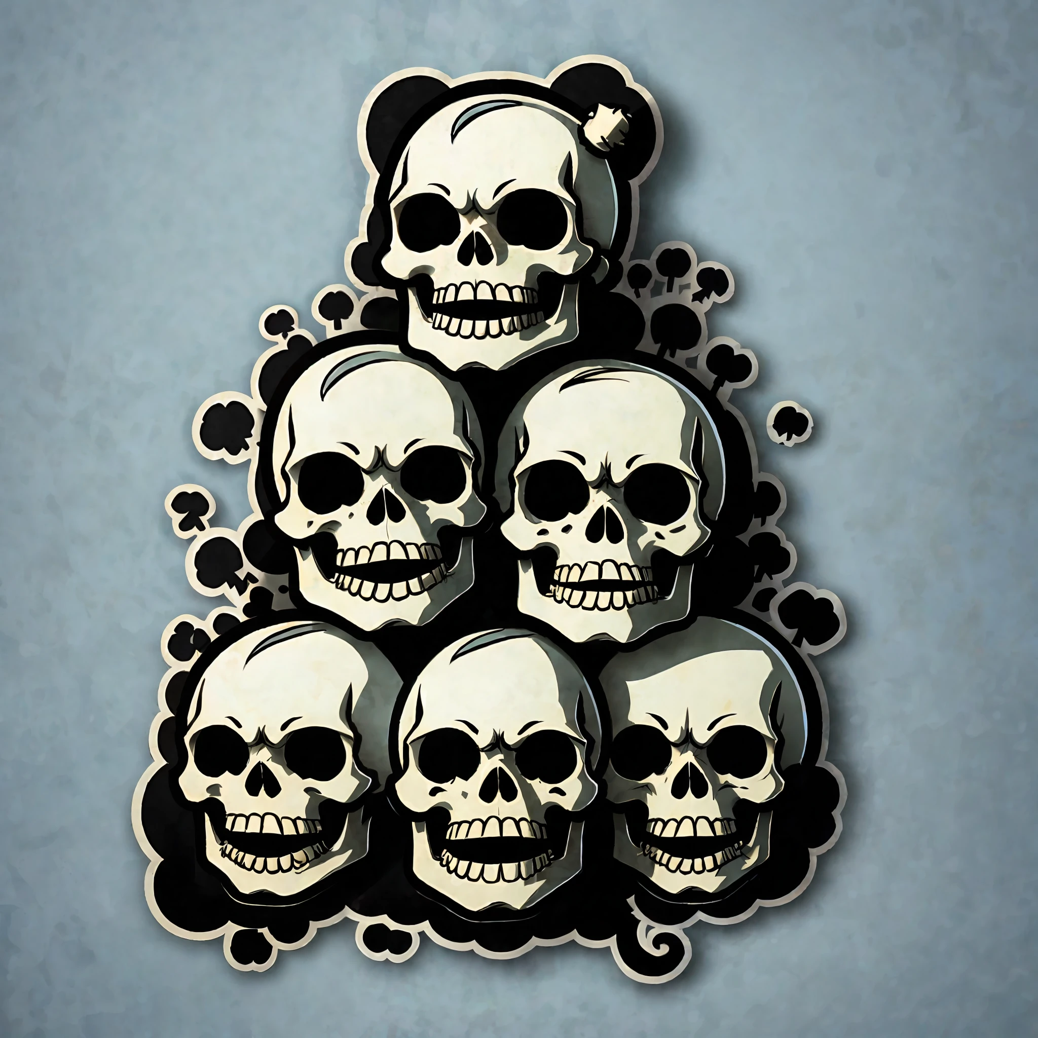 (cute cartoon of:1) skulls, with elvis presley hair, high quality,
