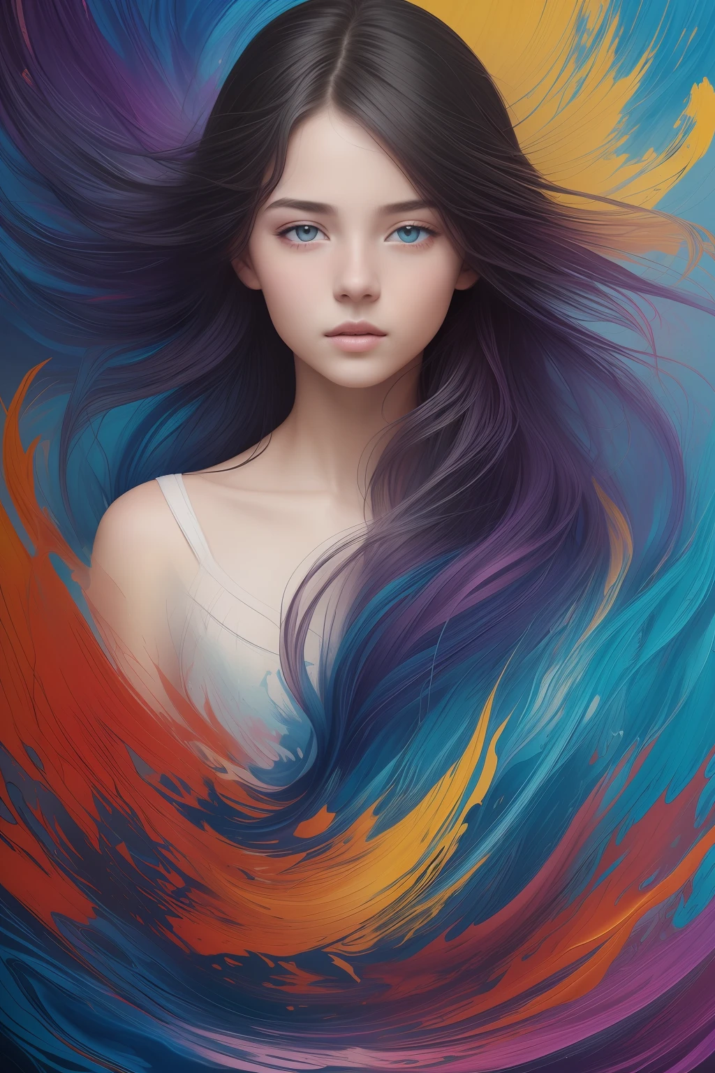 Colorful beautiful girl: a giru 8-years old, messy hair, oil painting, nice perfect face with soft skinice perfect face, blue yellow colors, light purple and violet additions, light red additions, intricate detail, splash screen, 8k resolution, masterpiece, cute face,artstation digital painting smooth veryBlack ink flow: 8k resolution photorealistic masterpiece: intricately detailed fluid gouache painting: by Jean Baptiste Mongue: calligraphy: acrylic: watercolor art, professional photography, natural lighting, volumetric lighting maximalist photoillustration: by marton bobzert:, complex, elegant, expansive, fantastical,  wavy hair, vibrant