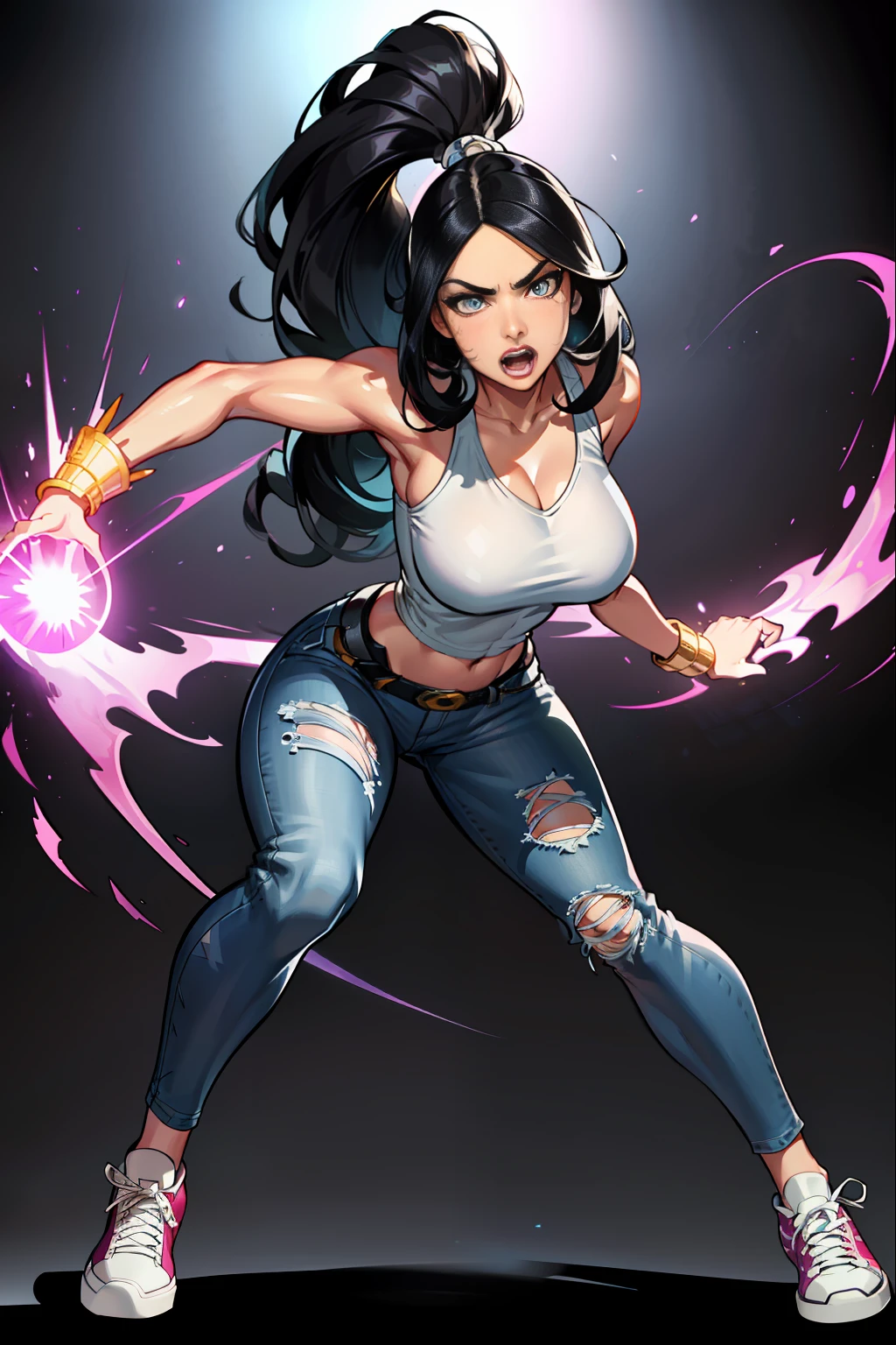 :: JOE MADUREIRA STYLE:: BEAUTIFUL WOMAN perfect and detailed, ultra detailed style clothes with tatoon designs and colors of light pink, black, white and gray, with various full-body attack poses and with immersive effects, hover effect, graphite style background with vibrant colors "ultra hdr" detailed, focus effect, sneakers all star converse black (masterpiece:  1.2, best quality), (finely detailed beautiful eyes: 1.2), extremely detailed hair, depth of field,shot with Canon EOS,lens 135mm f1.8,portrait of [x]((1Girl Kelly Brook Beautiful Woman )),long, straight black hair,with a natural glow and stuck like a ponytail ((Solo)), (Ultra detailed eyes:1.4), (Finely detailed eyes and detailed face:1.3), ), (With ULTRA DETAILED jeans and a white t-shirt with full ultra detailed tatoom print:1.3), (Beautiful and clear background:1.2), (Extremely detailed CG, Ultra-detailed, Best Shadow:1.1),("" character with his super power in the right fist")((Depth of field and blur)), ((Watercolor)), Large breasts, Bare shoulders, Flowers and petals, Beautiful conceptual illustration , (white background:0.5),  (Illustration :1.1), (extremely thin and beautiful: 1.1), (perfect details: 1.1) graffiti style background, freedom, screaming with angry face, digital illustration, perfect anatomy, centered, approaching perfection, dynamic, highly detailed, watercolor painting, artstation, conceptual art, smooth, sharp focus, illustration, perfect anatomy, centered, approaching perfection, dynamic, highly detailed, character sheet, artstation, concept art, smooth,  sharp focus, illustration, full body shot, character sheet, lightning wave, beautiful anime watercolor painting,