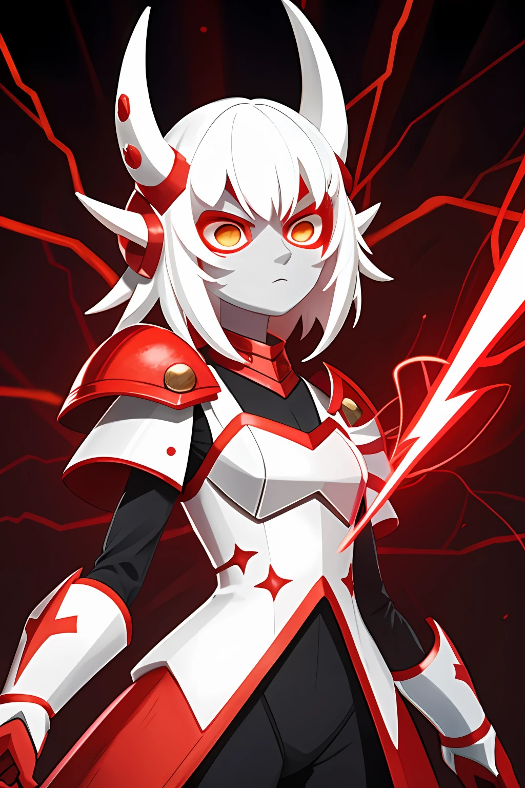 Gazer, (monster girl), pure white skin, red armor, red round helm, electricity all around them, masterpiece, best quality