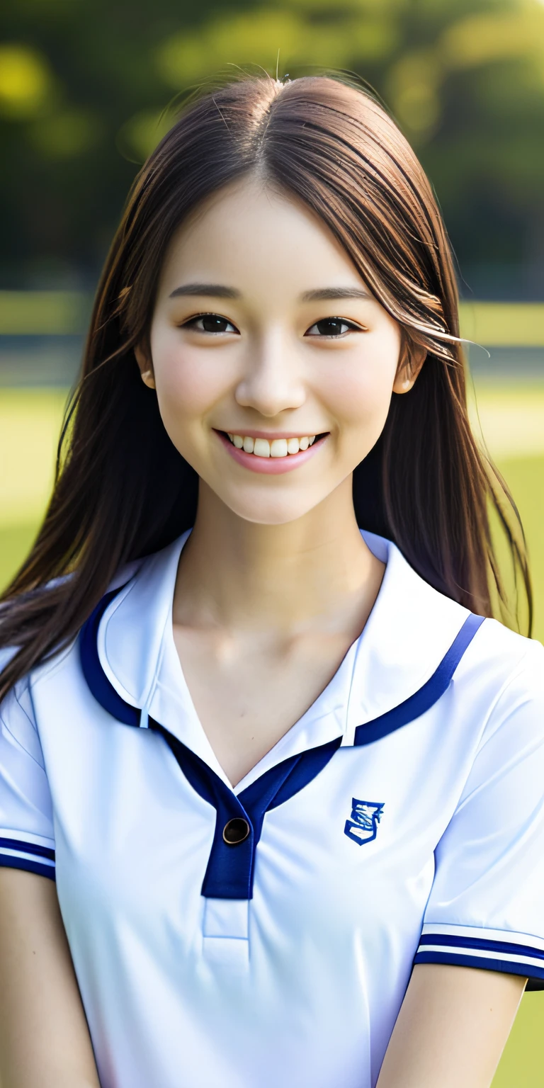 neat college girl, petite, (school uniform, summer clothes, short sleeves), outside the athletic field, (slim), photorealistic, detail, skin texture, ultra detail, delicate and sexy collarbone, smile, super detailed face, detailed lips, detailed eyes, double eyelids