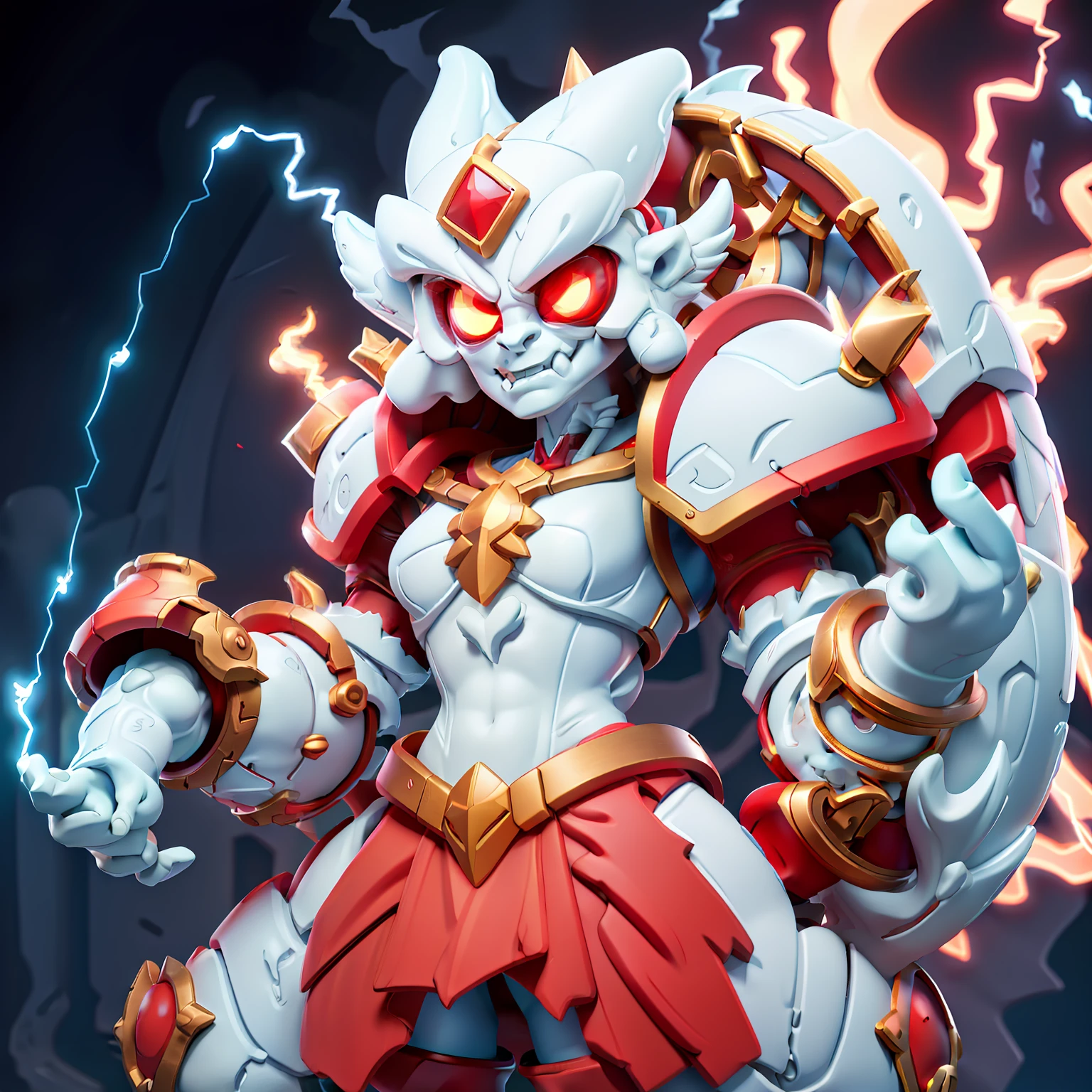 Gazer, (monster girl), pure white skin, red armor, red round helm, electricity all around them, masterpiece, best quality