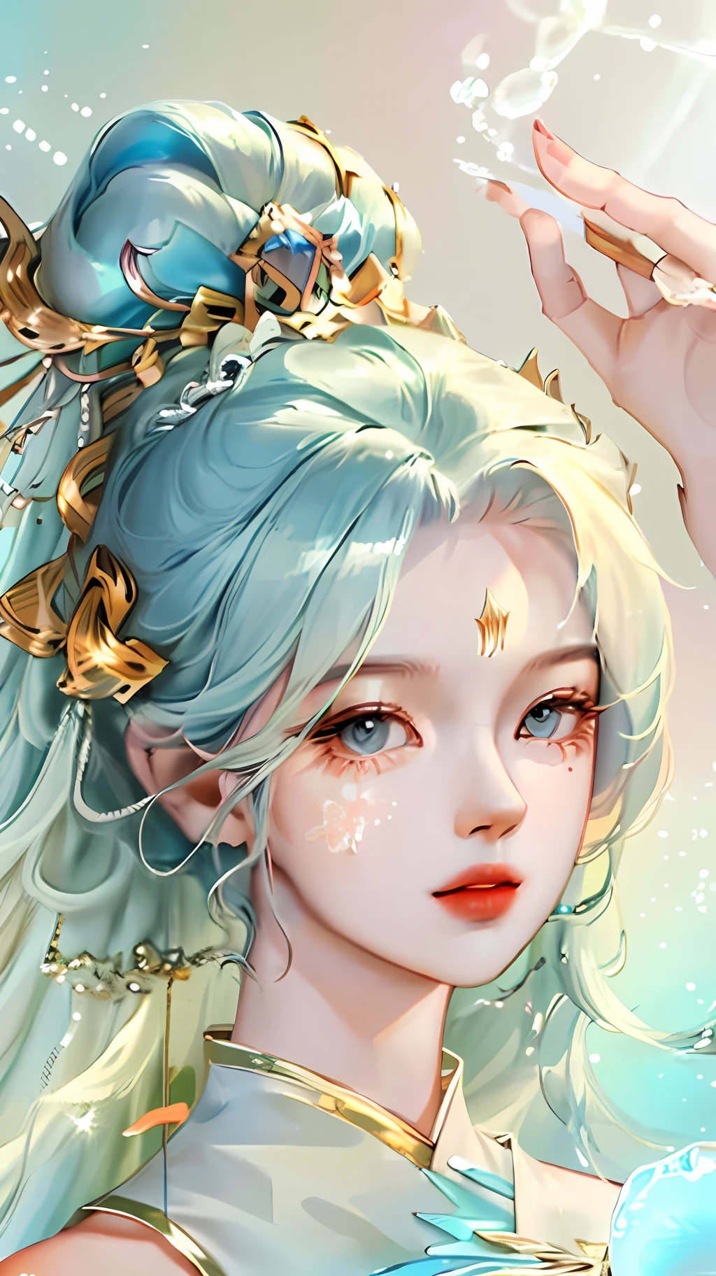 (masterpiece), (best quality), (ultra detailed),(disheed hair),(illustration), (1girl), (Fashionable clothing), standing, Fashion model, looking at viewer, (interview), (simple background), beautiful and delicate eyes, delicate beauty, floating, (high saturation), (colorful splash), colorful bubbles, (shine), focus on face, ponytail, Ayaka Kamisato, light blue hair, bangs, hair circle, floating flowers, flowing hair, (shiny), best lighting, best shadow, full body, vista