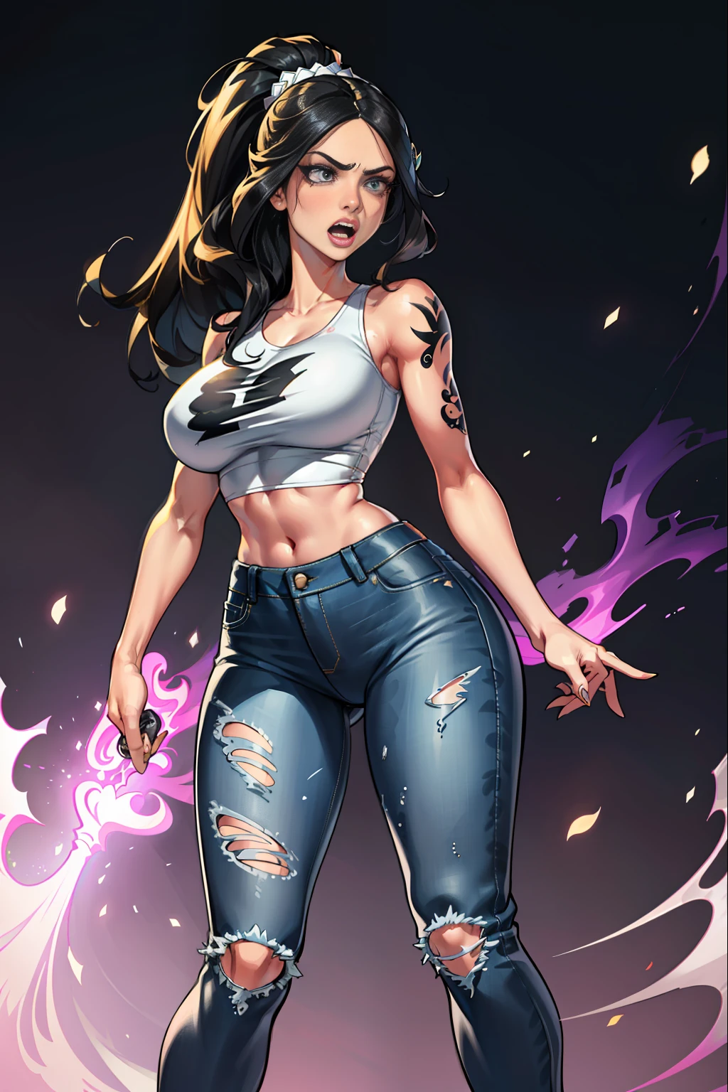:: JOE MADUREIRA STYLE:: BEAUTIFUL WOMAN perfect and detailed, ultra detailed style clothes with tatoon designs and colors of light pink, black, white and gray, with various full-body attack poses and with immersive effects, hover effect, graphite style background with vibrant colors "ultra hdr" detailed, focus effect, sneakers all star converse black (masterpiece:  1.2, best quality), (finely detailed beautiful eyes: 1.2), extremely detailed hair, depth of field,shot with Canon EOS,lens 135mm f1.8,portrait of [x]((1Girl Kelly Brook Beautiful Woman )),long, straight black hair,with a natural glow and stuck like a ponytail ((Solo)), (Ultra detailed eyes:1.4), (Finely detailed eyes and detailed face:1.3), ), (With ULTRA DETAILED jeans and a white t-shirt with full ultra detailed tatoom print:1.3), (Beautiful and clear background:1.2), (Extremely detailed CG, Ultra-detailed, Best Shadow:1.1),("" character with his super power in the right fist")((Depth of field and blur)), ((Watercolor)), Large breasts, Bare shoulders, Flowers and petals, Beautiful conceptual illustration , (white background:0.5),  (Illustration :1.1), (extremely thin and beautiful: 1.1), (perfect details: 1.1) graffiti style background, freedom, screaming with angry face, digital illustration, perfect anatomy, centered, approaching perfection, dynamic, highly detailed, watercolor painting, artstation, conceptual art, smooth, sharp focus, illustration, perfect anatomy, centered, approaching perfection, dynamic, highly detailed, character sheet, artstation, concept art, smooth,  sharp focus, illustration, full body shot, character sheet, lightning wave, beautiful anime watercolor painting,