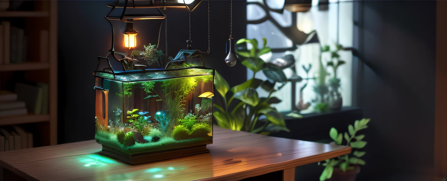 there is a fish tank with plants and a lamp on a table, theophanic atmospheric vivarium, highly detailed scene, detailed ambient lighting, beautiful environment, beautiful ambient light, very beautiful ambient light, bright ambient lighting, beatifully lit, ecosystem, vivarium, biophilia mood, beautiful detailed scene, nice lighting