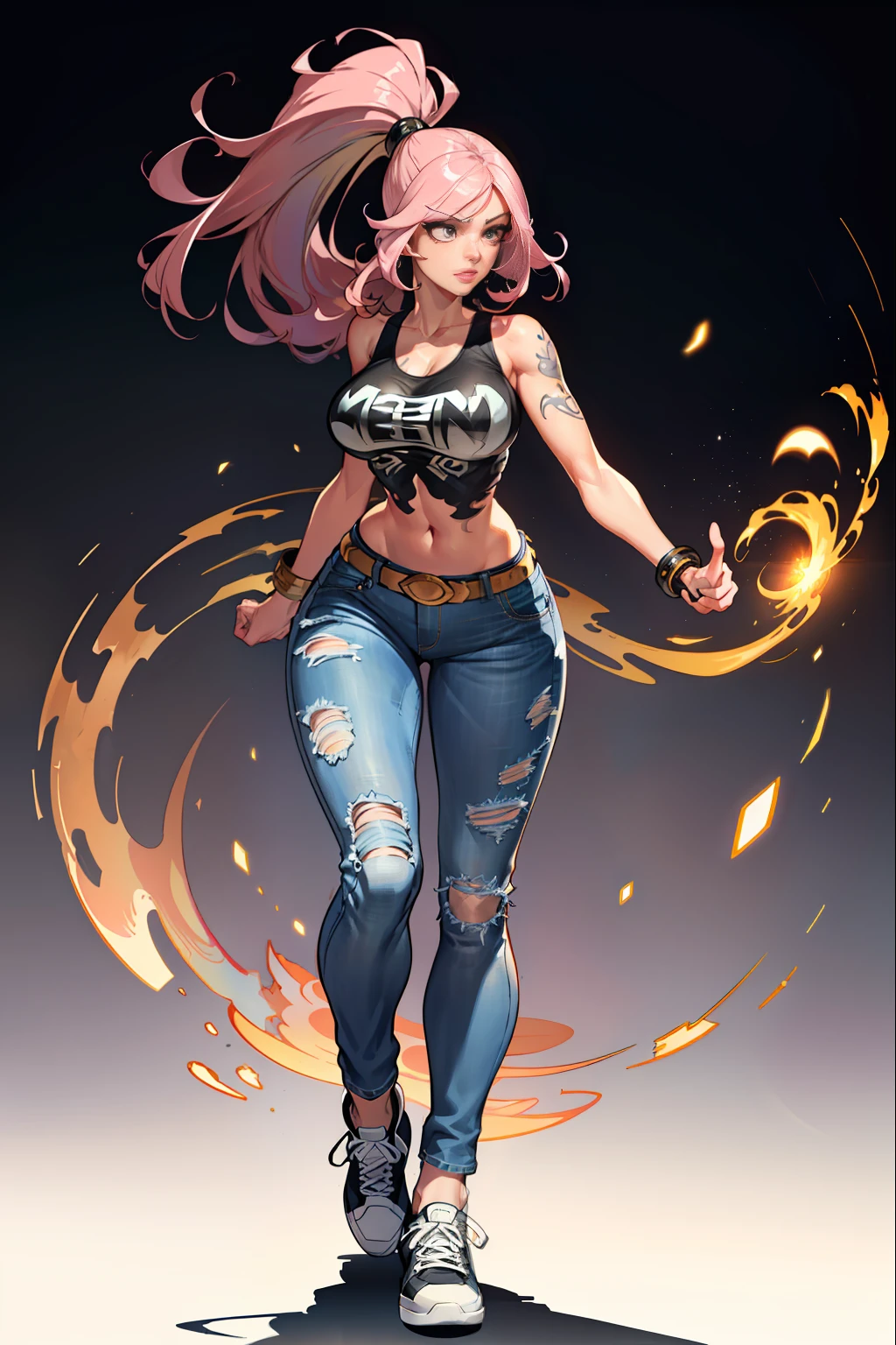 :: JOE MADUREIRA STYLE:: BEAUTIFUL WOMAN perfect and detailed, ultra detailed style clothes with tatoon designs and colors of light pink, black, white and gray, with various full-body attack poses and with immersive effects, hover effect, graphite style background with vibrant colors "ultra hdr" detailed, focus effect, sneakers all star converse black (masterpiece:  1.2, best quality), (finely detailed beautiful eyes: 1.2), extremely detailed hair, depth of field,shot with Canon EOS,lens 135mm f1.8,portrait of [x]((1Girl Kelly Brook Beautiful Woman )),long, straight black hair,with a natural glow and stuck like a ponytail ((Solo)), (Ultra detailed eyes:1.4), (Finely detailed eyes and detailed face:1.3), ), (With ULTRA DETAILED jeans and a white t-shirt with full ultra detailed tatoom print:1.3), (Beautiful and clear background:1.2), (Extremely detailed CG, Ultra-detailed, Best Shadow:1.1),("" character with his super power in the right fist")((Depth of field and blur)), ((Watercolor)), Large breasts, Bare shoulders, Flowers and petals, Beautiful conceptual illustration , (white background:0.5),  (Illustration: 1.1), (extremely fine and beautiful: 1.1), (perfect details: 1.1) graffiti style background, freedom, SHARP FEATURE, digital illustration, perfect anatomy, centered, approaching perfection, dynamic, highly detailed, watercolor painting, artstation, concept art, smooth, sharp focus, illustration, perfect anatomy, centered, approaching perfection, dynamic, highly detailed, character sheet, artstation, concept art, smooth, sharp focus, illustration,  full body shot, character sheet, lightning wave, beautiful anime watercolor painting,
