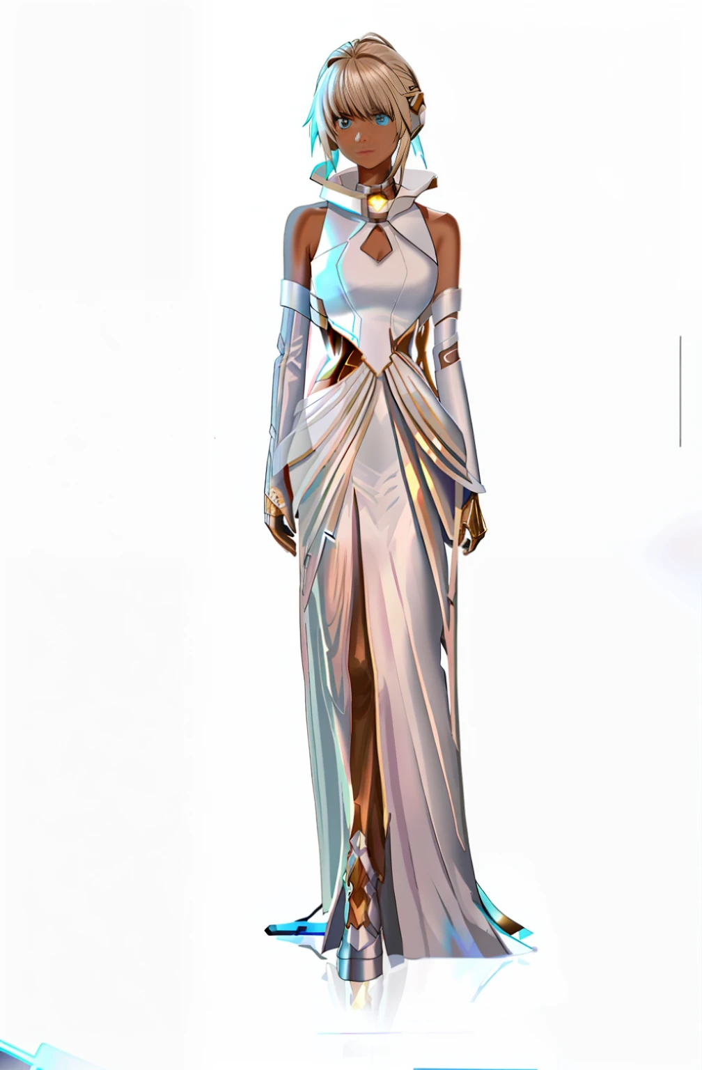 Kevlar material,futuristic clothes, supernova dress, bare arms, bare palms, sleeveless shirt, full body, 1 girl, space opera-style costume, pale skin, sci-fi minimalist evening dress, white plastic, diffuse light, fantasy, no helmet, absurd, dune, quality, (masterpiece: 1.4), super detailed, 1 girl, stand up, 2023 fashion, supernova dress, there is a hollow in the middle of the dress, Hollow with light tulle, shiny light bar on clothes, bare arms, bare palms, sleeveless shirt, full body, 1 girl, in space opera-style costume, pale skin, simple evening dress with sci-fi feel, white plastic, diffuse lighting, sacred goddess, fantasy, no helmet, absurd, dune, mass, (masterpiece: 1.4), super detailed, 1 girl, stand up, 2023 fashion,